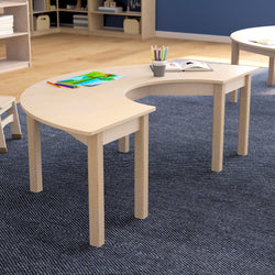 Bright Beginnings Commercial Grade Wooden Half Circle Preschool Classroom Activity Table, (29.5"W x 59"D x 18"H), Beech