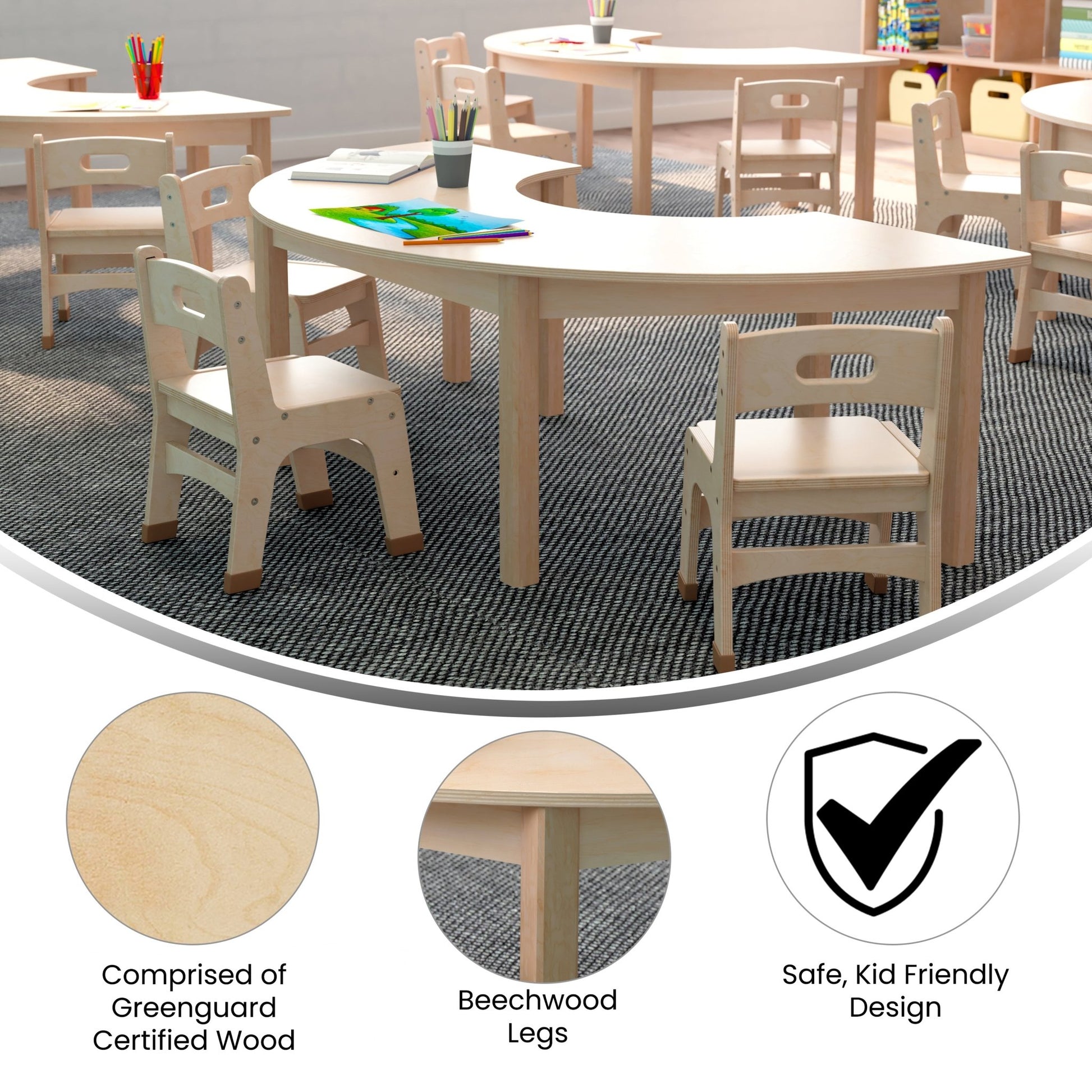 Bright Beginnings Commercial Grade Wooden Half Circle Preschool Classroom Activity Table, (29.5"W x 59"D x 18"H), Beech - SchoolOutlet
