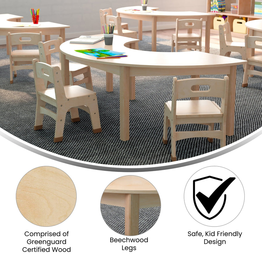 Bright Beginnings Commercial Grade Wooden Half Circle Preschool Classroom Activity Table, (29.5"W x 59"D x 18"H), Beech - SchoolOutlet