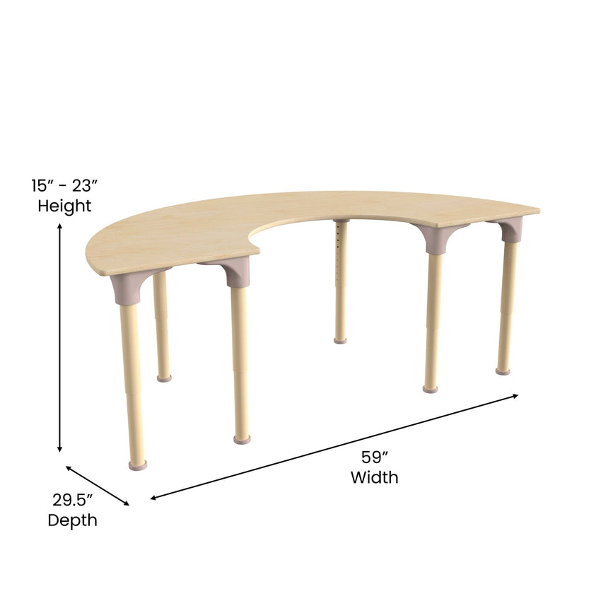 Bright Beginnings 59" Commercial Grade Wooden Half Circle Adjustable Height Classroom Activity Table - Metal Legs Adjust From 15"H - 23"H, Beech - SchoolOutlet