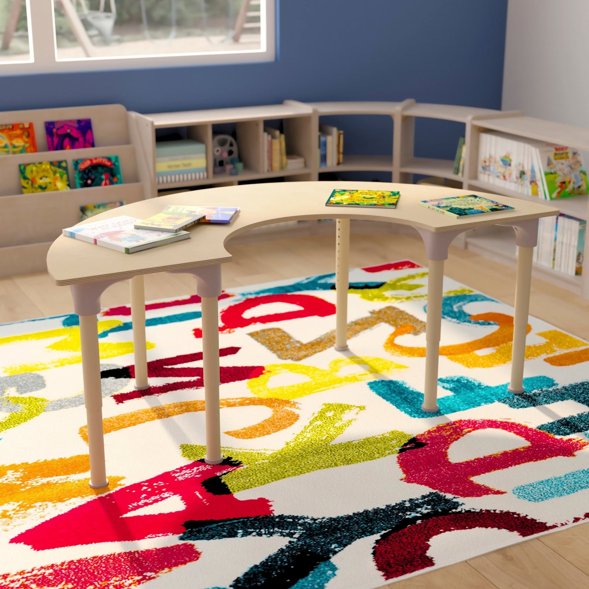 Bright Beginnings 59" Commercial Grade Wooden Half Circle Adjustable Height Classroom Activity Table - Metal Legs Adjust From 15"H - 23"H, Beech - SchoolOutlet