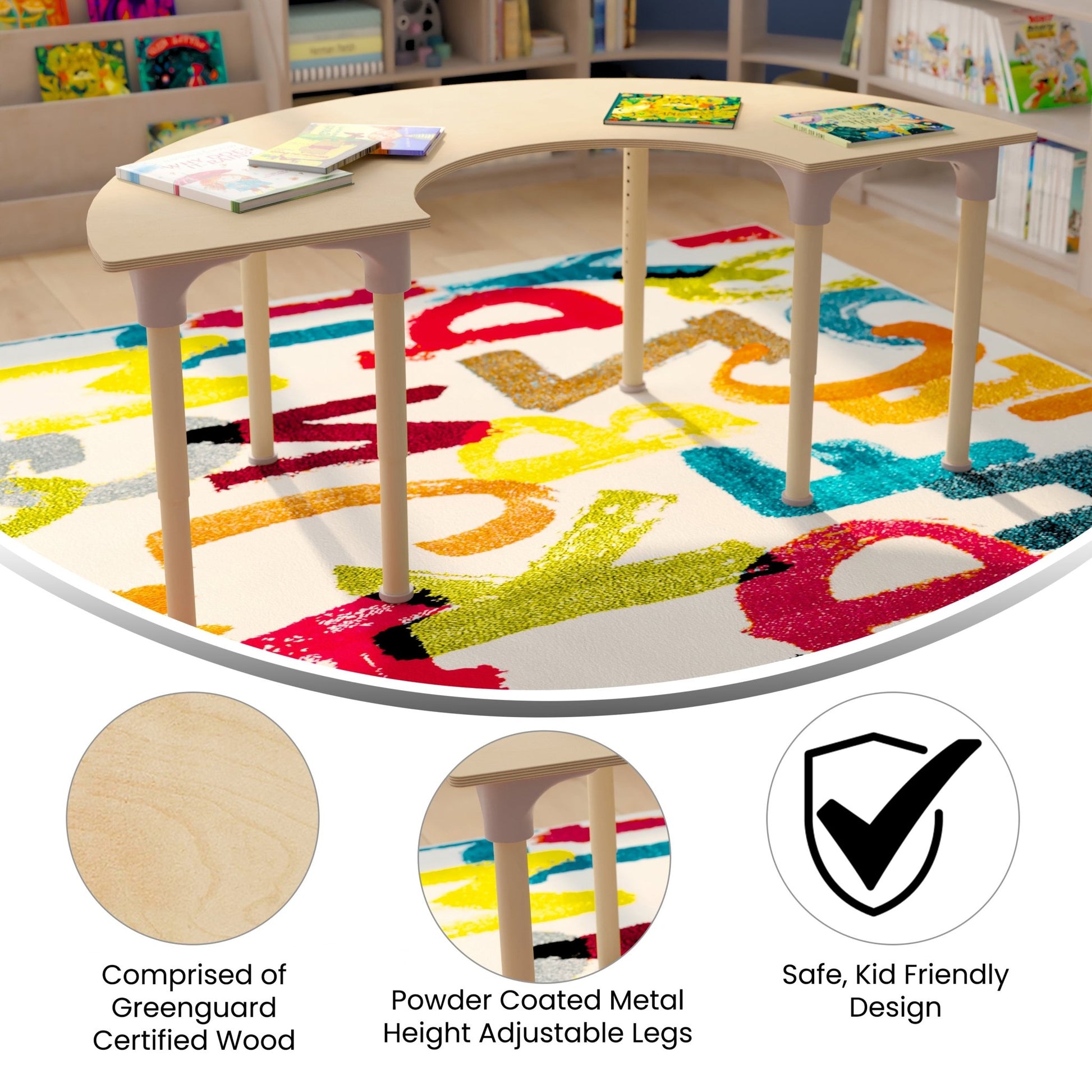 Bright Beginnings 59" Commercial Grade Wooden Half Circle Adjustable Height Classroom Activity Table - Metal Legs Adjust From 15"H - 23"H, Beech - SchoolOutlet