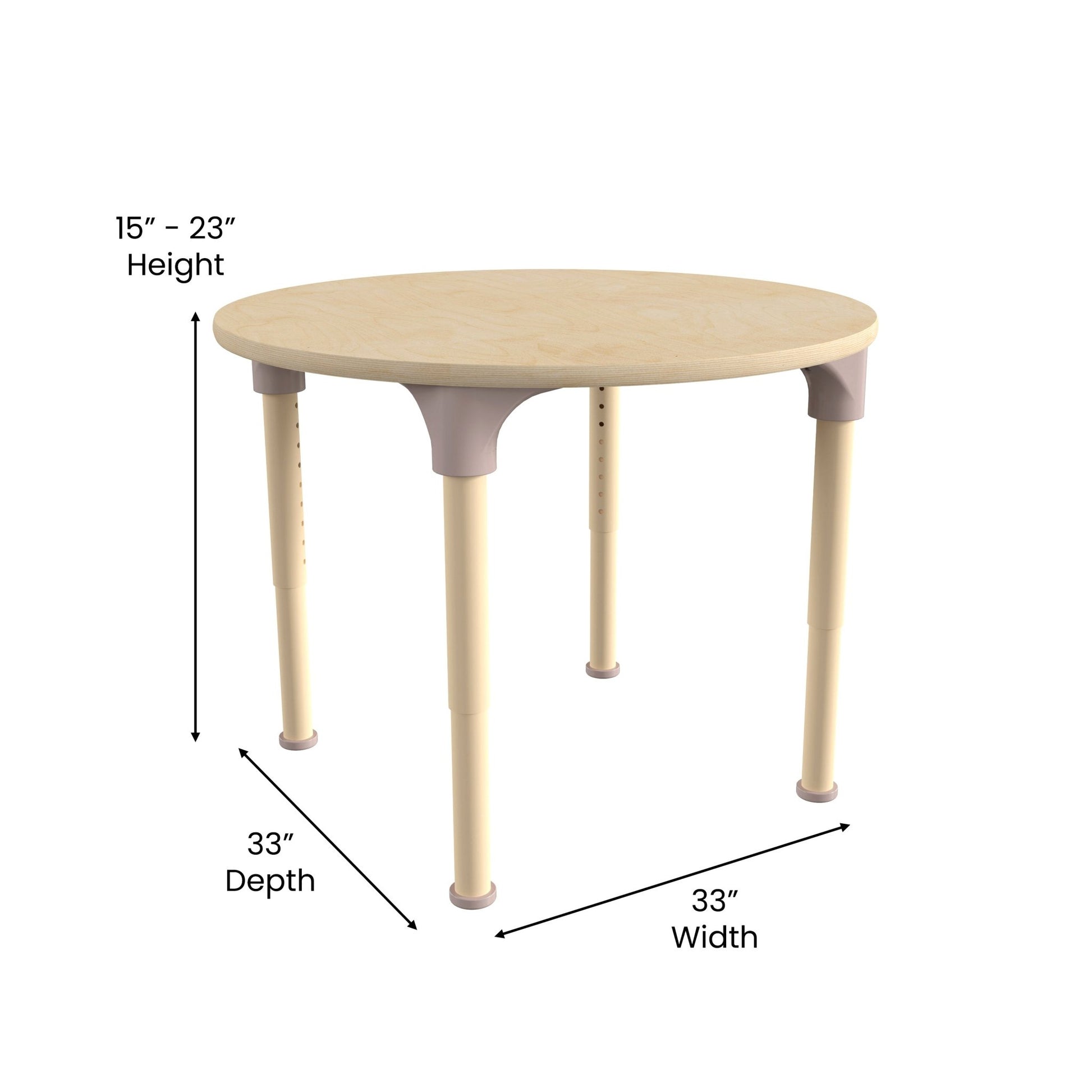 Bright Beginnings 33" Round Commercial Grade Wooden Adjustable Height Classroom Activity Table - Metal Legs Adjust From 15"H - 23"H, Beech - SchoolOutlet