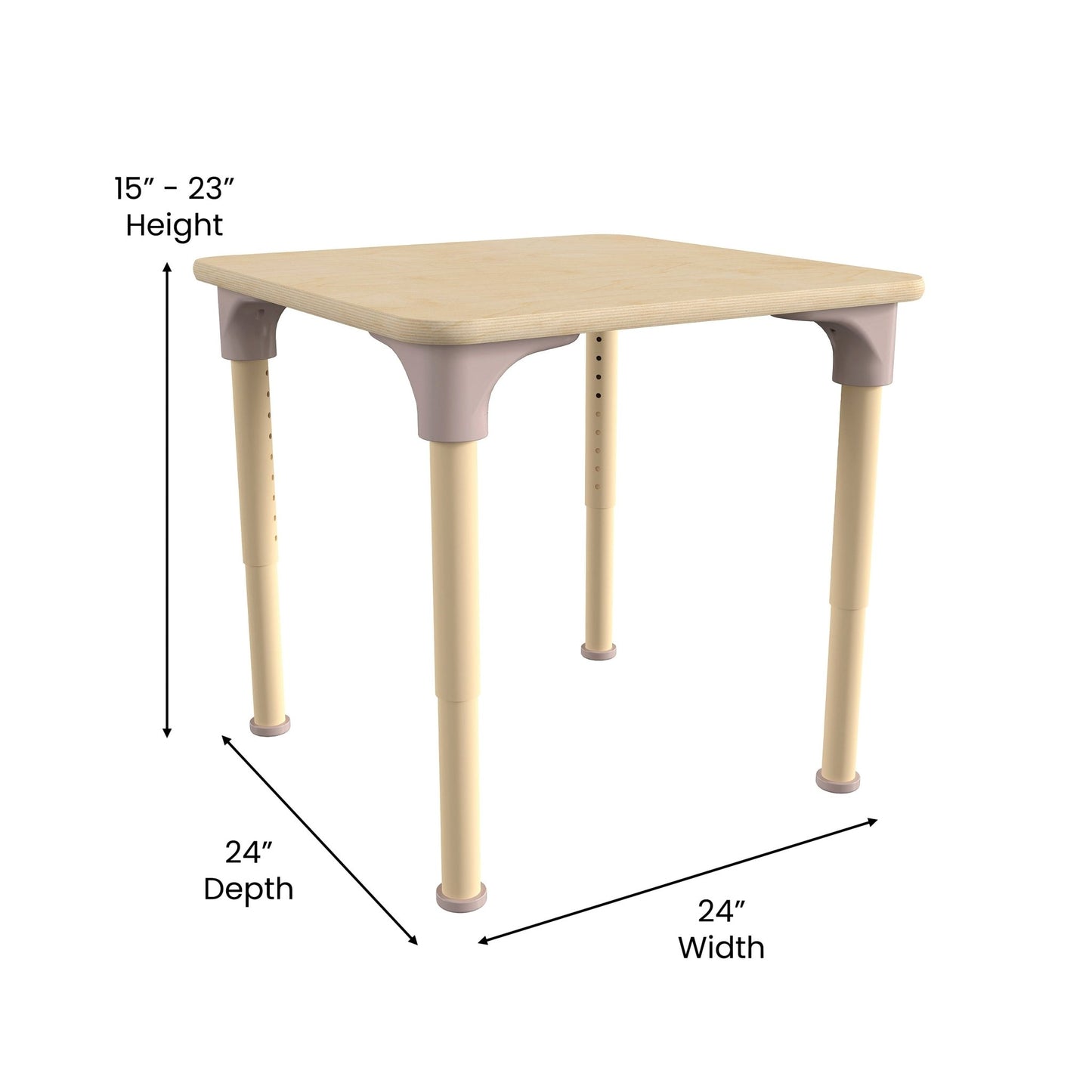 Bright Beginnings 24" Square Commercial Grade Wooden Adjustable Height Classroom Activity Table - Metal Legs Adjust From 15"H - 23"H, Beech - SchoolOutlet
