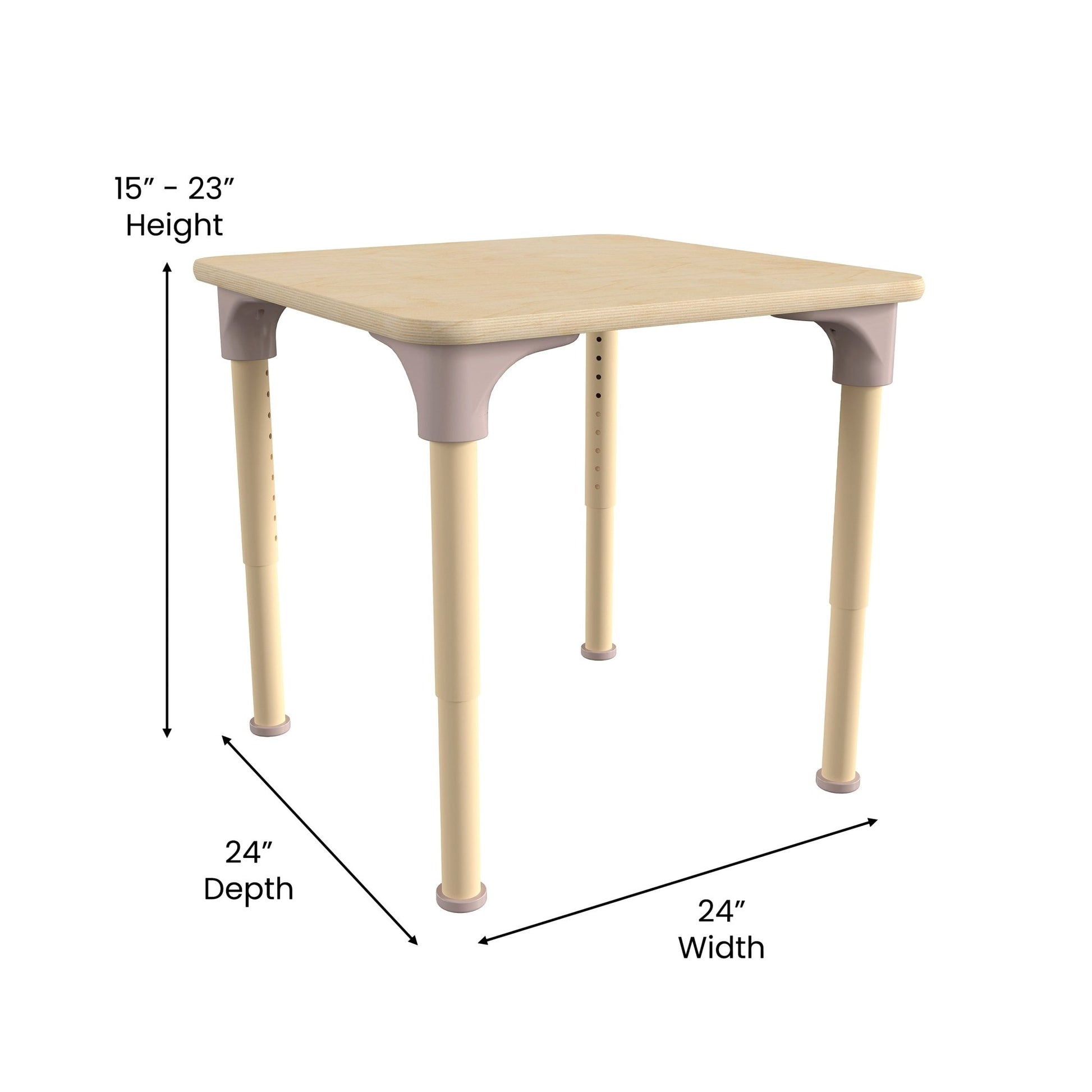 Bright Beginnings 24" Square Commercial Grade Wooden Adjustable Height Classroom Activity Table - Metal Legs Adjust From 15"H - 23"H, Beech - SchoolOutlet