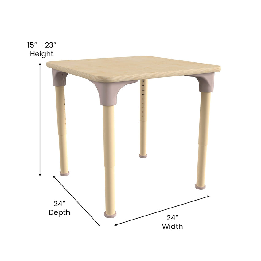 Bright Beginnings 24" Square Commercial Grade Wooden Adjustable Height Classroom Activity Table - Metal Legs Adjust From 15"H - 23"H, Beech - SchoolOutlet