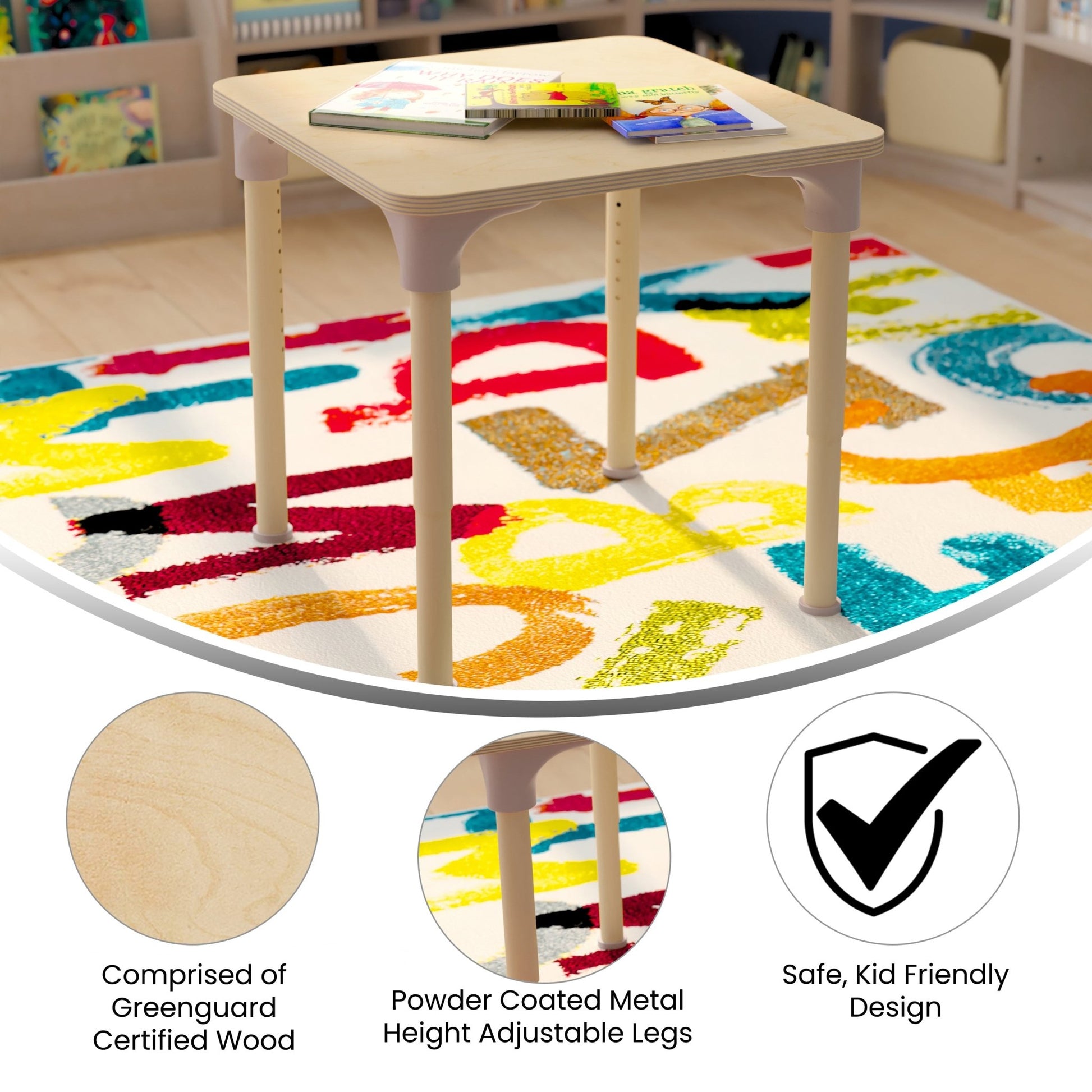Bright Beginnings 24" Square Commercial Grade Wooden Adjustable Height Classroom Activity Table - Metal Legs Adjust From 15"H - 23"H, Beech - SchoolOutlet