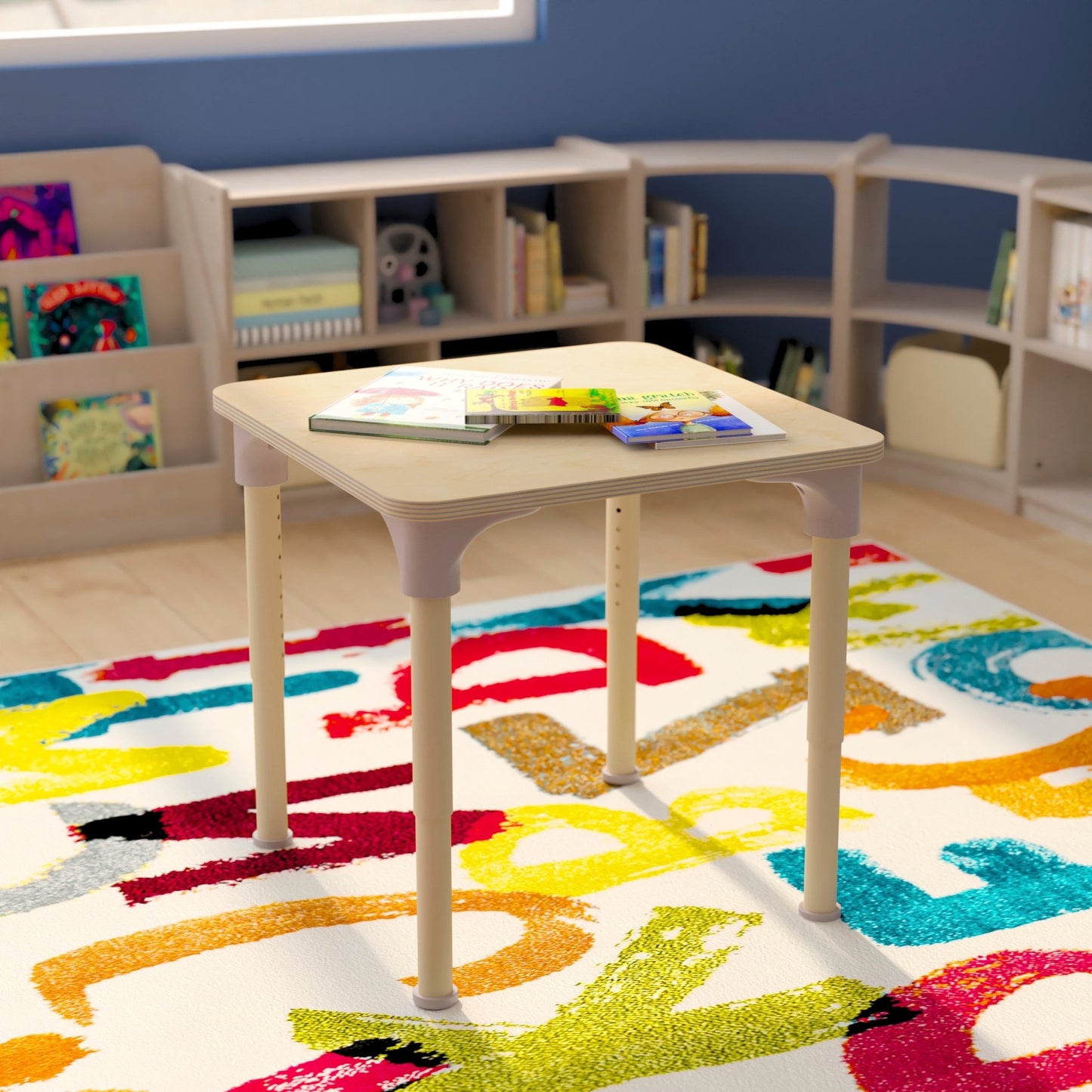 Bright Beginnings 24" Square Commercial Grade Wooden Adjustable Height Classroom Activity Table - Metal Legs Adjust From 15"H - 23"H, Beech - SchoolOutlet