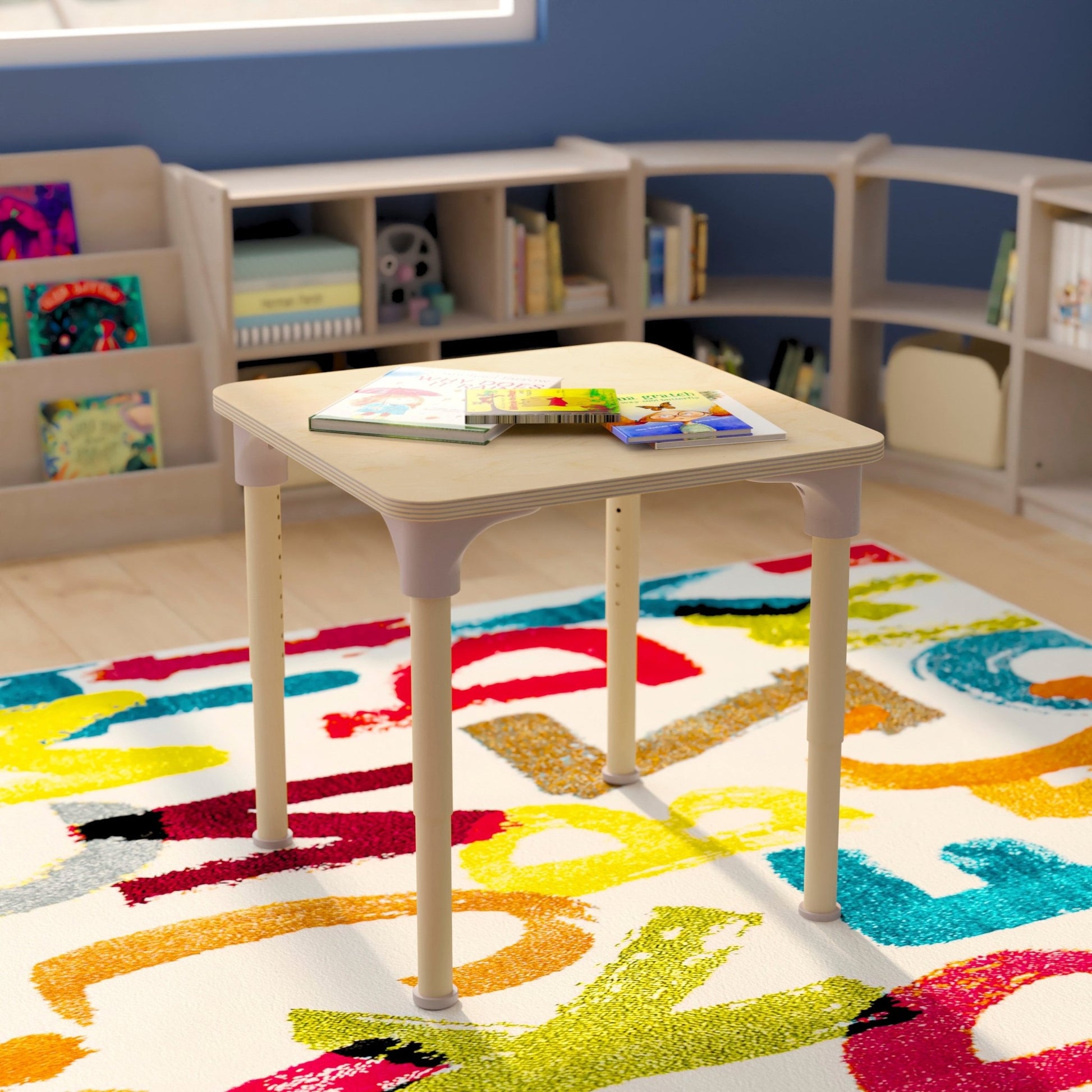 Bright Beginnings 24" Square Commercial Grade Wooden Adjustable Height Classroom Activity Table - Metal Legs Adjust From 15"H - 23"H, Beech - SchoolOutlet