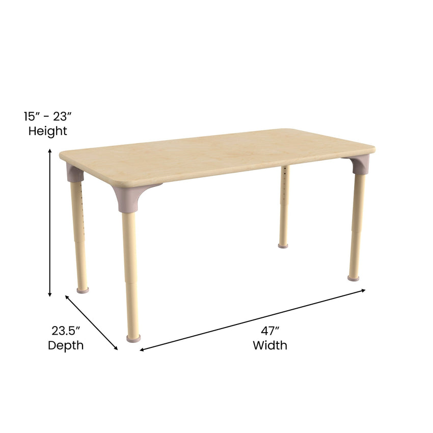 Bright Beginnings 23.5" x 47" Commercial Grade Wooden Rectangle Adjustable Height Classroom Activity Table - Metal Legs Adjust From 15"H - 23"H, Beech - SchoolOutlet