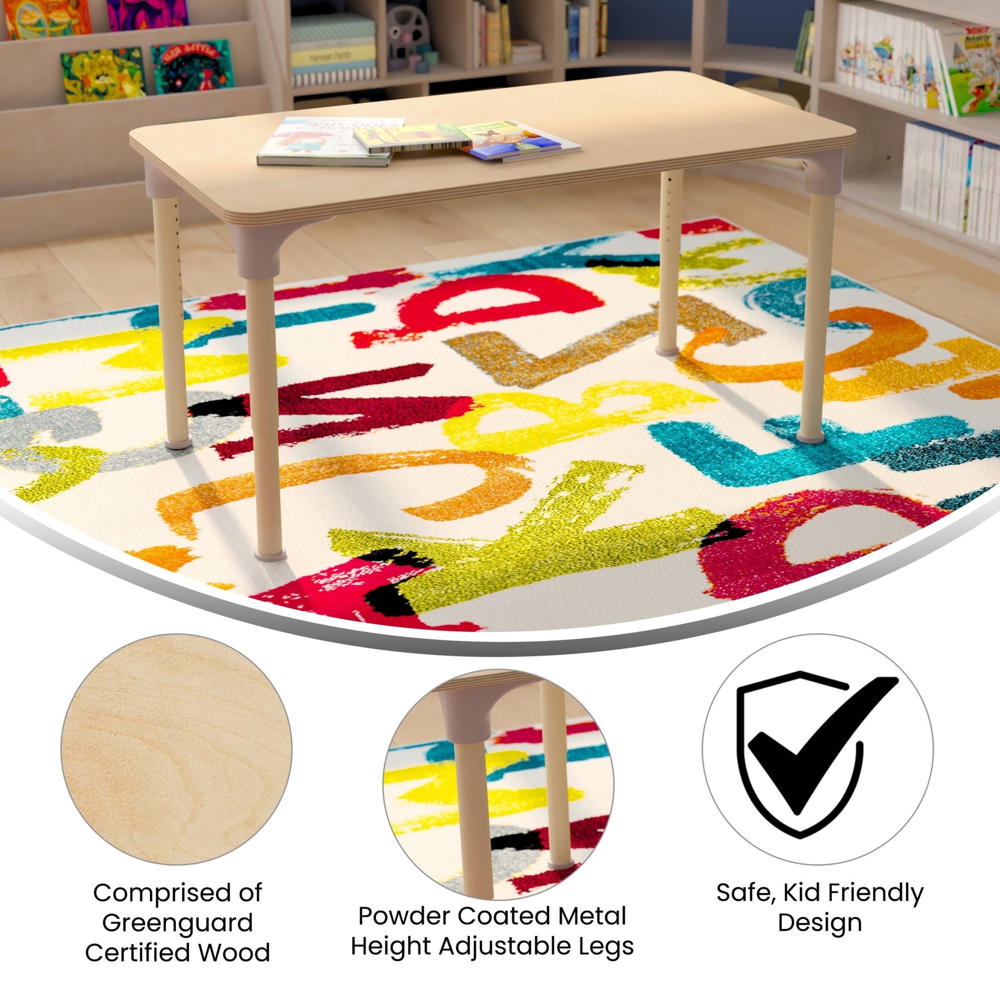 Bright Beginnings 23.5" x 47" Commercial Grade Wooden Rectangle Adjustable Height Classroom Activity Table - Metal Legs Adjust From 15"H - 23"H, Beech - SchoolOutlet