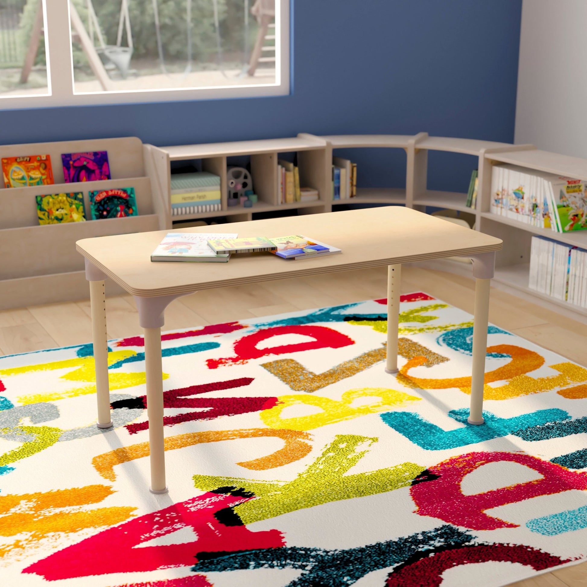 Bright Beginnings 23.5" x 47" Commercial Grade Wooden Rectangle Adjustable Height Classroom Activity Table - Metal Legs Adjust From 15"H - 23"H, Beech - SchoolOutlet