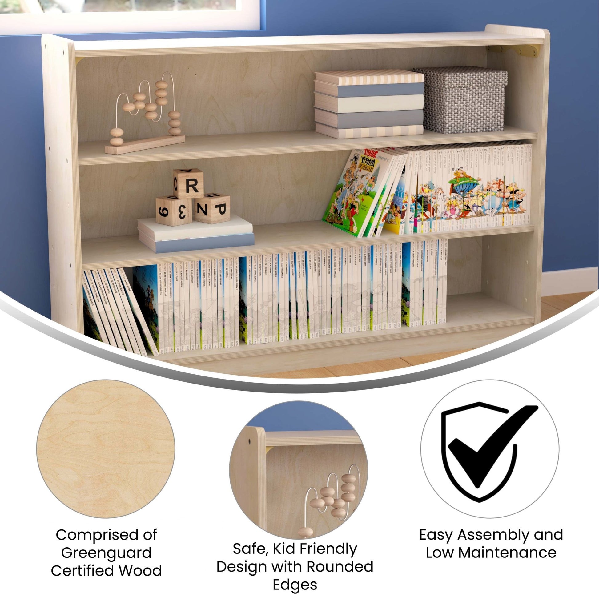 Bright Beginnings Commercial Grade Extra Wide 3 Shelf Wooden Classroom Open Storage Unit, Safe, Kid Friendly Design, Natural - SchoolOutlet
