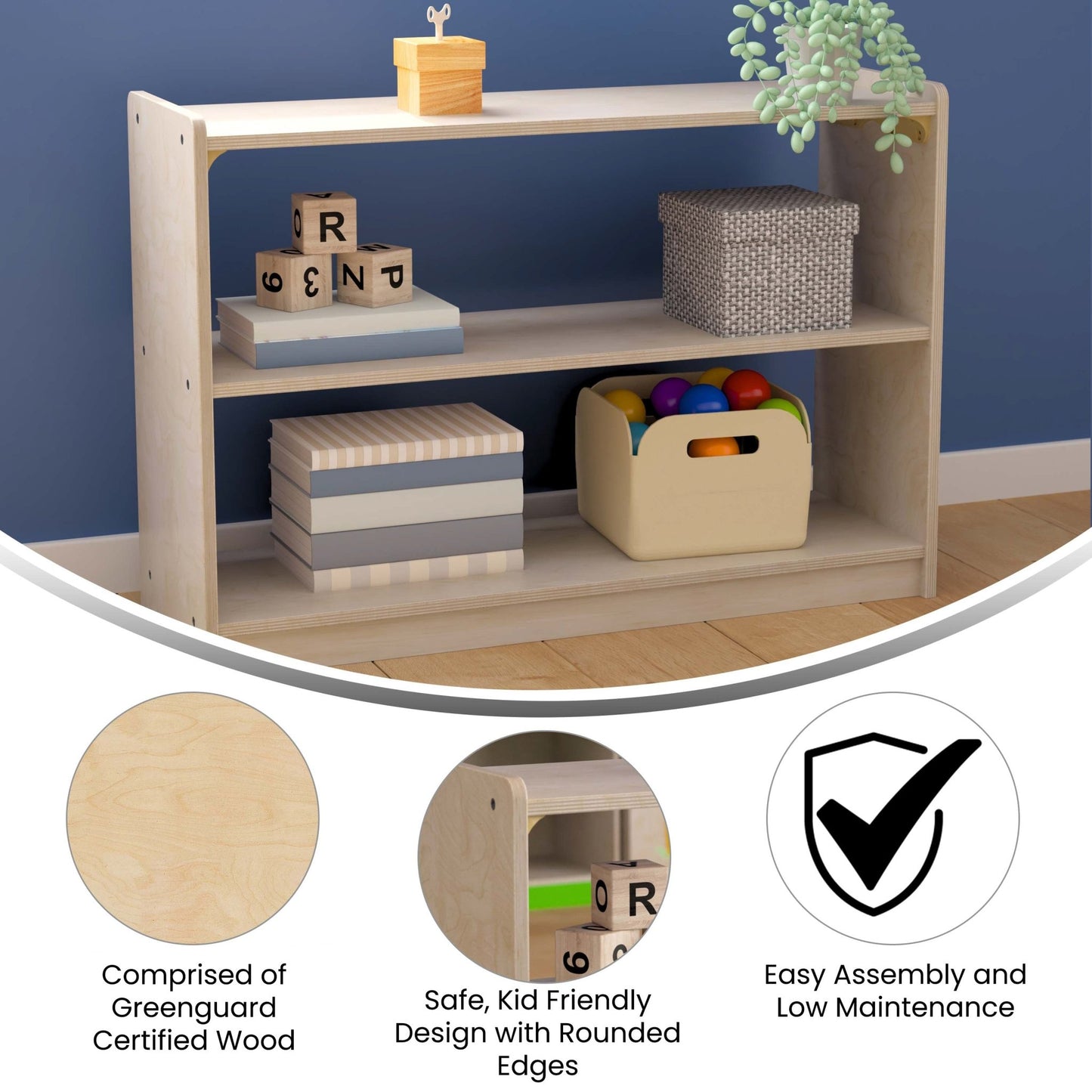 Bright Beginnings Commercial Grade Extra Wide 2 Shelf Wooden Classroom Open Storage Unit, Safe, Kid Friendly Design, Natural - SchoolOutlet