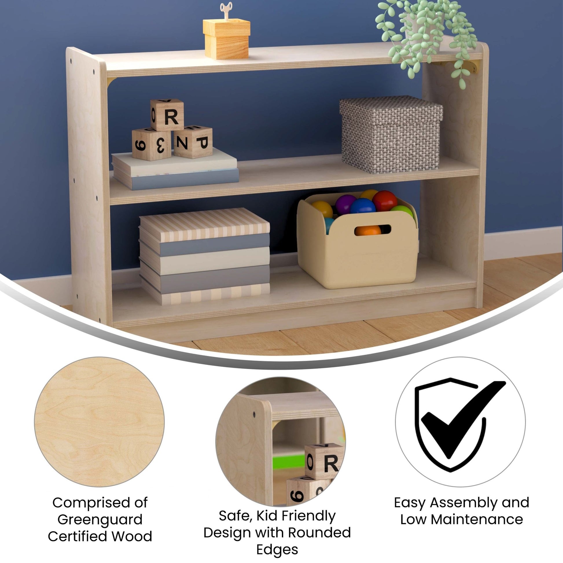 Bright Beginnings Commercial Grade Extra Wide 2 Shelf Wooden Classroom Open Storage Unit, Safe, Kid Friendly Design, Natural - SchoolOutlet