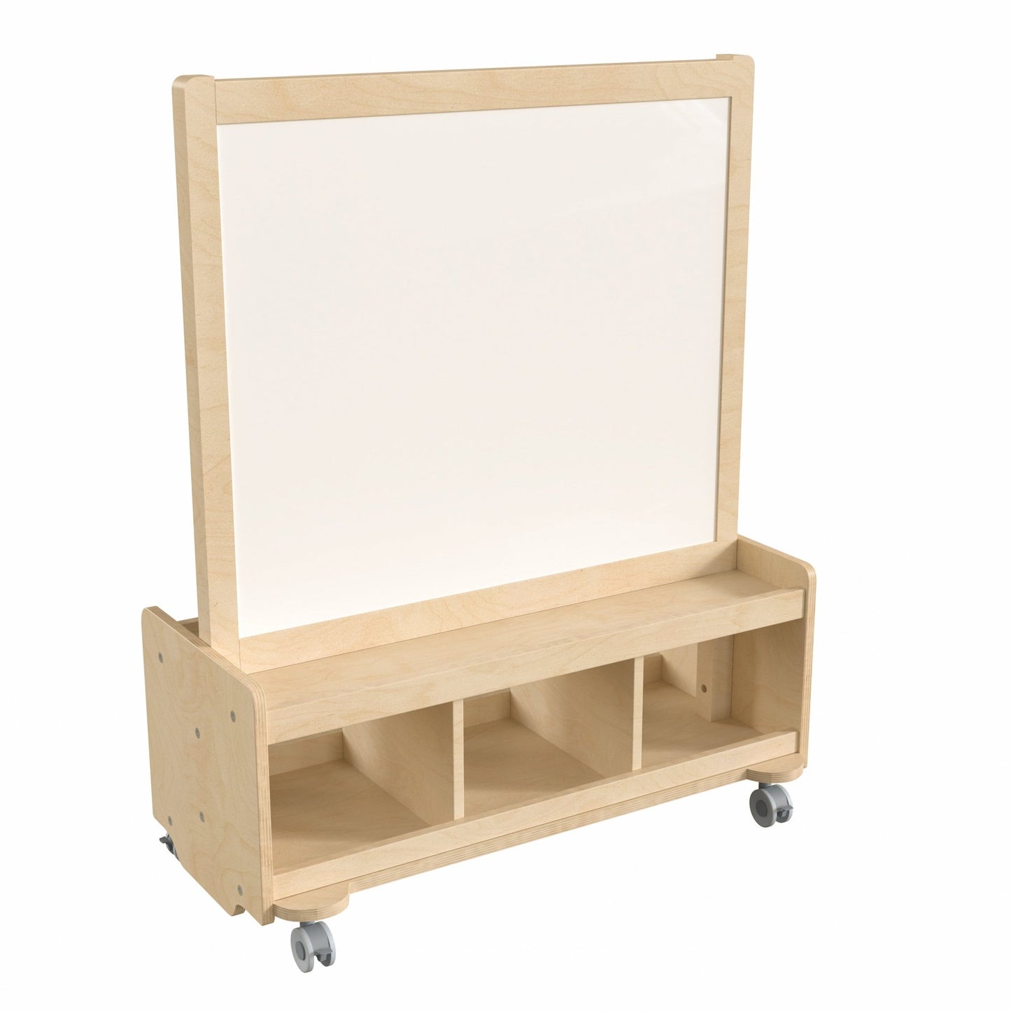 Bright Beginnings Commercial Wooden Mobile Dual Sided 2 Person Art Station with Locking Caster Wheels and Bottom Cubby Storage, Natural - SchoolOutlet