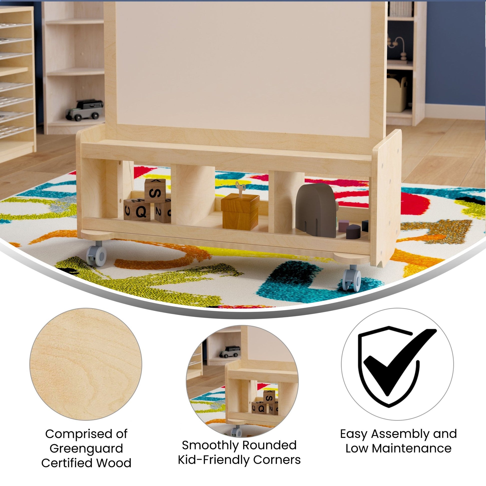 Bright Beginnings Commercial Wooden Mobile Dual Sided 2 Person Art Station with Locking Caster Wheels and Bottom Cubby Storage, Natural - SchoolOutlet