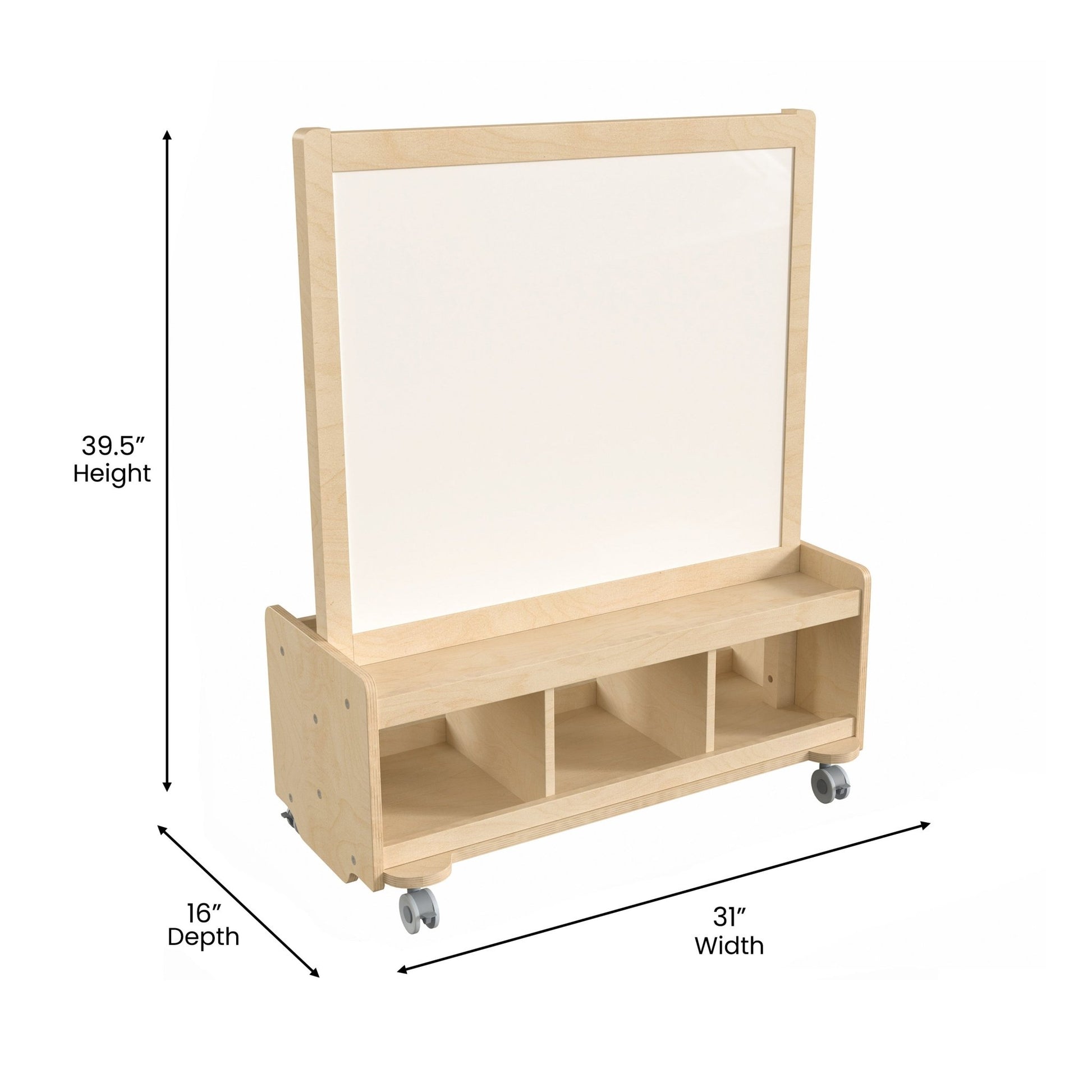 Bright Beginnings Commercial Wooden Mobile Dual Sided 2 Person Art Station with Locking Caster Wheels and Bottom Cubby Storage, Natural - SchoolOutlet