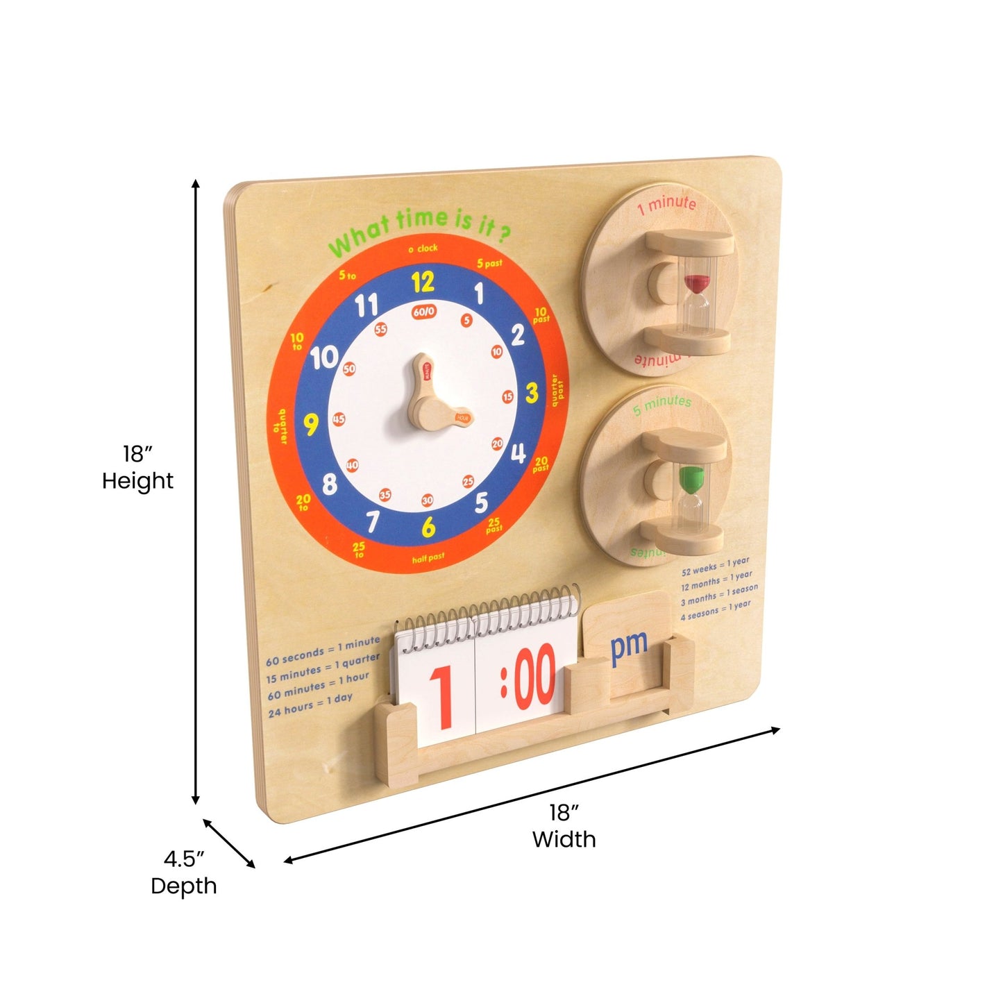 Bright Beginnings Commercial Grade STEAM Wall Activity Board with Natural Finish and Multicolor Accents, Telling Time - SchoolOutlet
