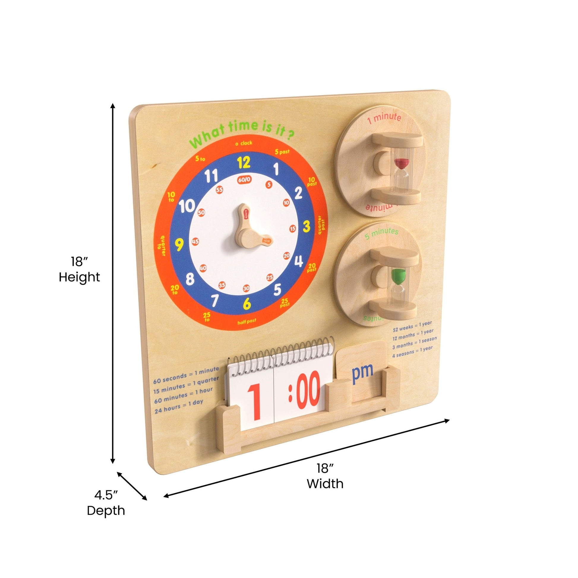 Bright Beginnings Commercial Grade STEAM Wall Activity Board with Natural Finish and Multicolor Accents, Telling Time - SchoolOutlet
