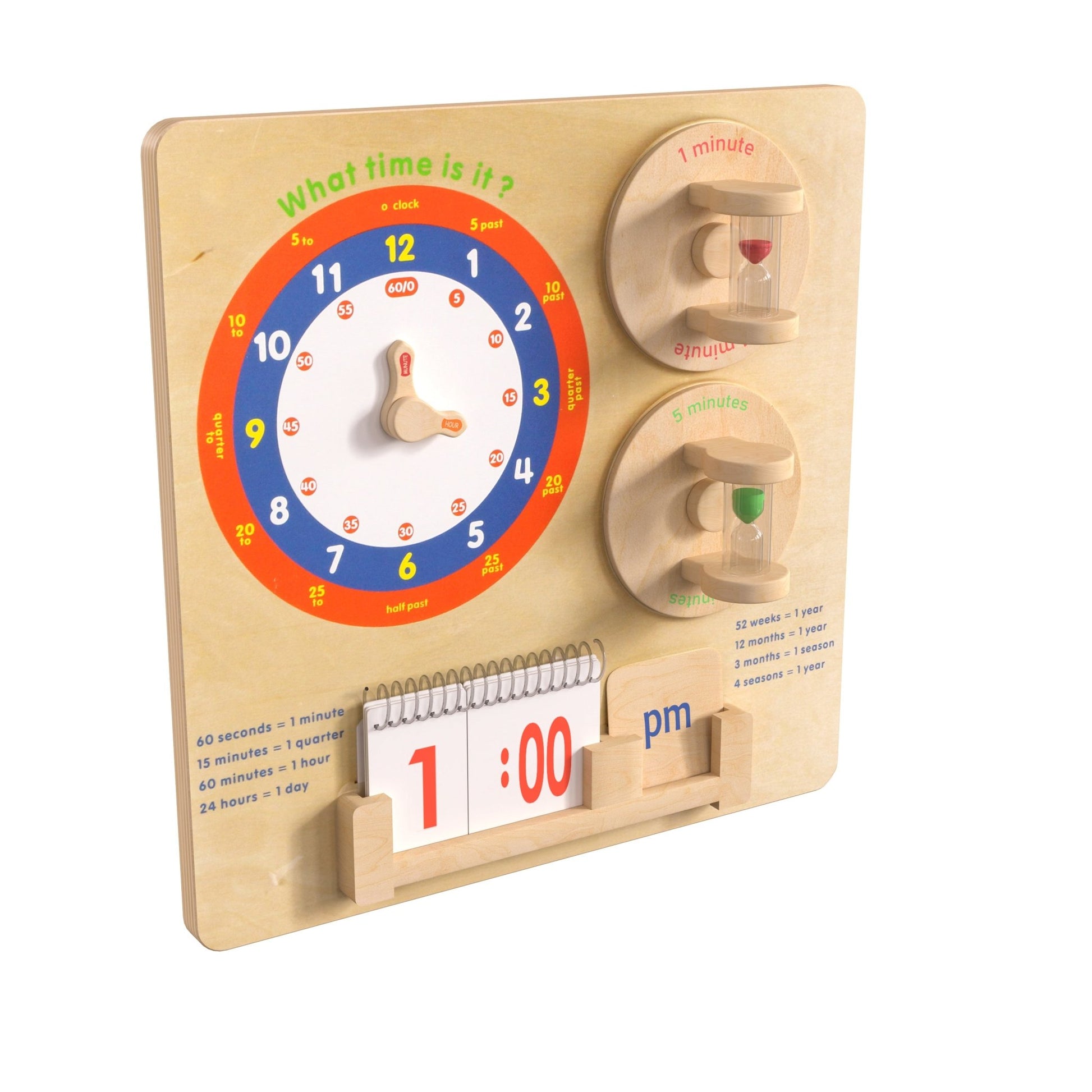 Bright Beginnings Commercial Grade STEAM Wall Activity Board with Natural Finish and Multicolor Accents, Telling Time - SchoolOutlet