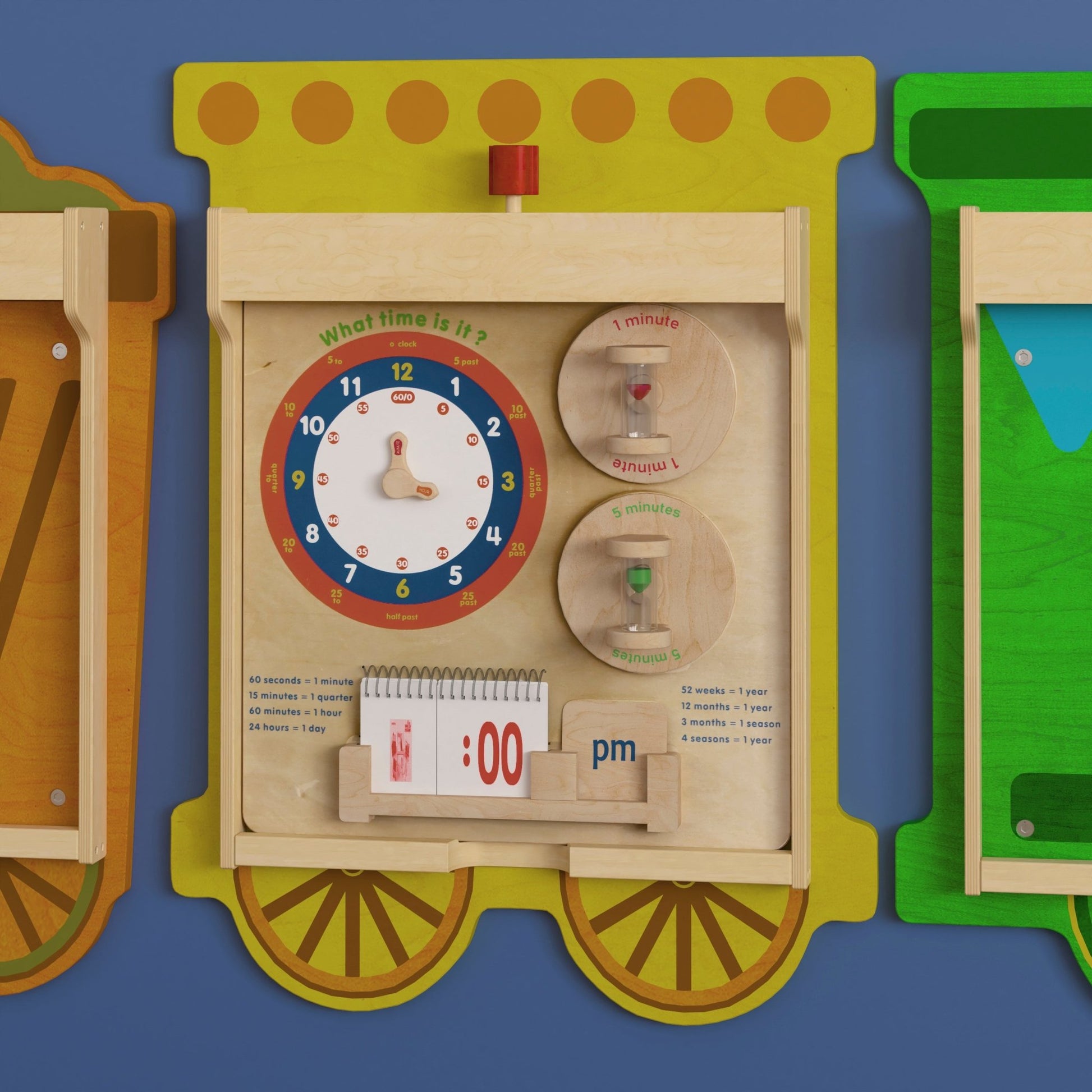 Bright Beginnings Commercial Grade STEAM Wall Activity Board with Natural Finish and Multicolor Accents, Telling Time - SchoolOutlet