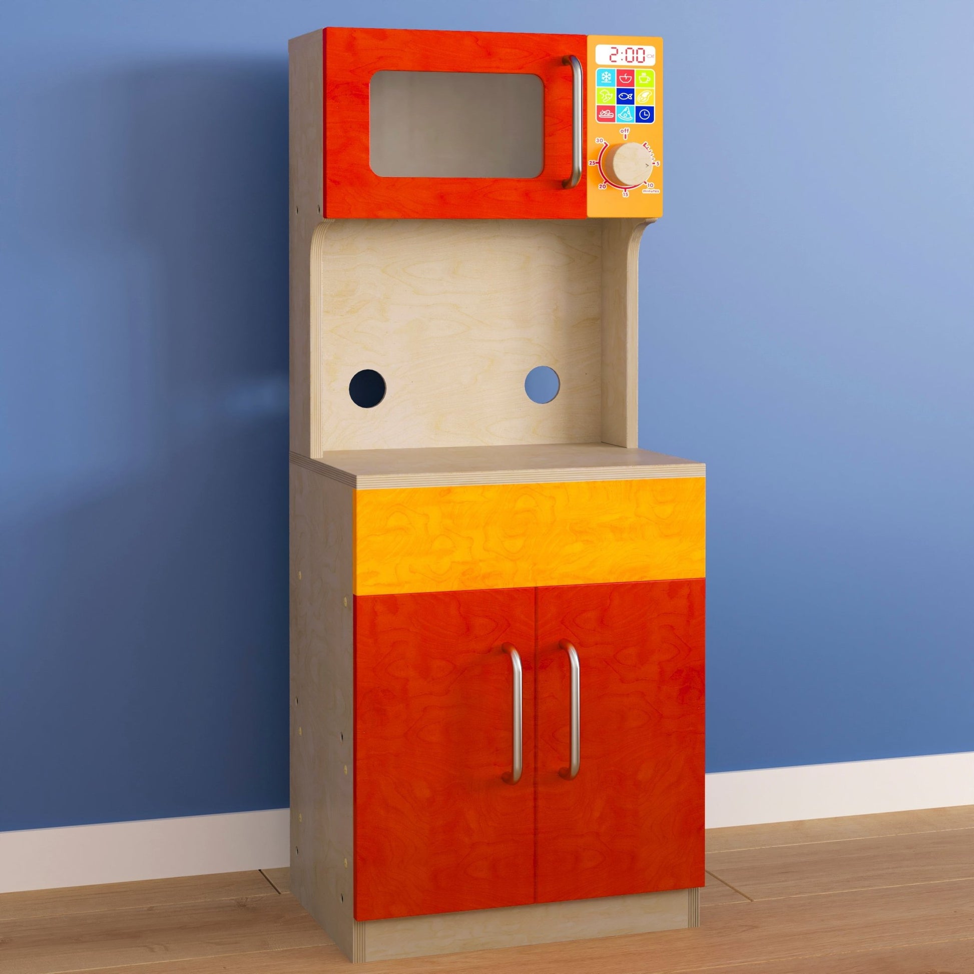 Bright Beginnings Commercial Grade Greenguard Certified Wooden Children's Kitchen Cabinet with Microwave - SchoolOutlet