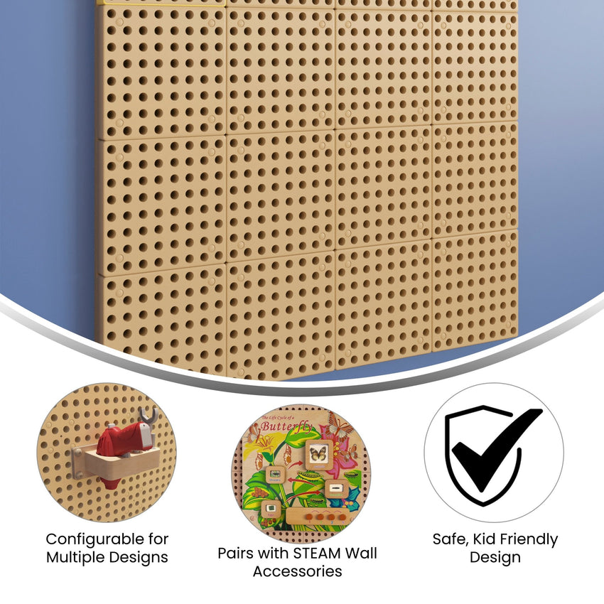 Bright Beginnings Commercial Grade Multipurpose Modular STEAM Wall Peg System Panel - 31.5"L x 31.5"H, Natural - SchoolOutlet