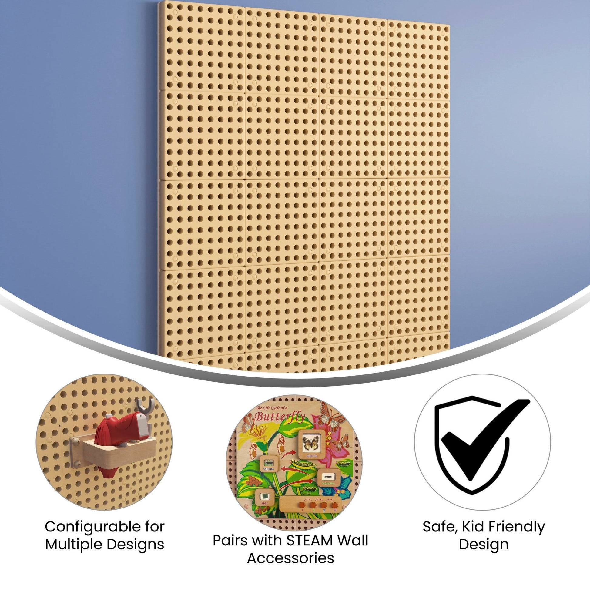 Bright Beginnings Commercial Grade Multipurpose Modular STEAM Wall Peg System Panel - 31.5"L x 47.2"H, Natural - SchoolOutlet