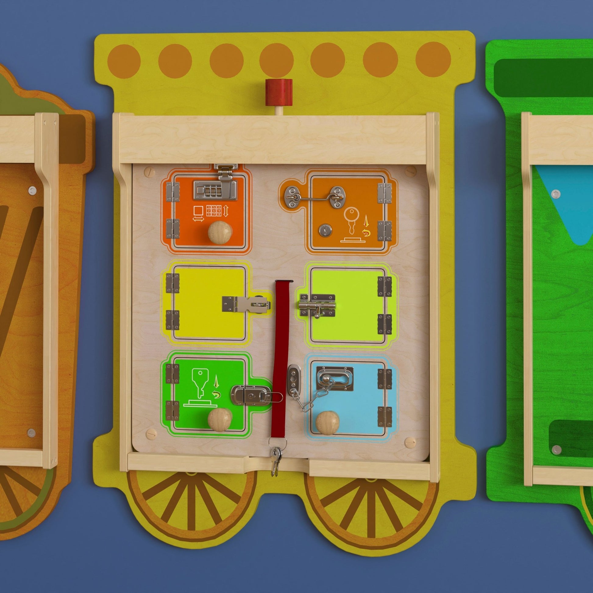 Bright Beginnings Commercial Grade STEAM Wall Activity Board with Natural Finish and Multicolor Accents, Locks and Buckles - SchoolOutlet