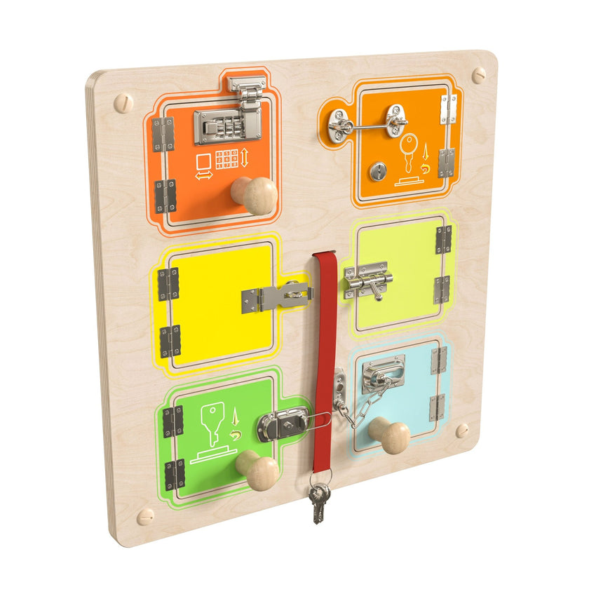 Bright Beginnings Commercial Grade STEAM Wall Activity Board with Natural Finish and Multicolor Accents, Locks and Buckles - SchoolOutlet