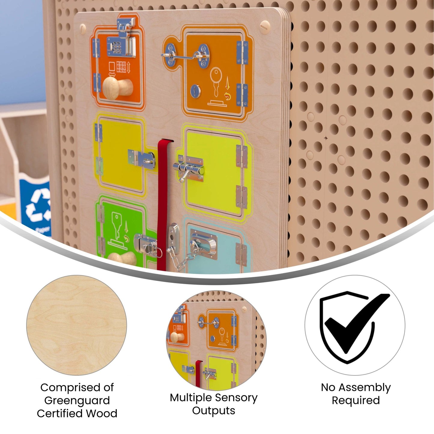 Bright Beginnings Commercial Grade STEAM Wall Activity Board with Natural Finish and Multicolor Accents, Locks and Buckles - SchoolOutlet