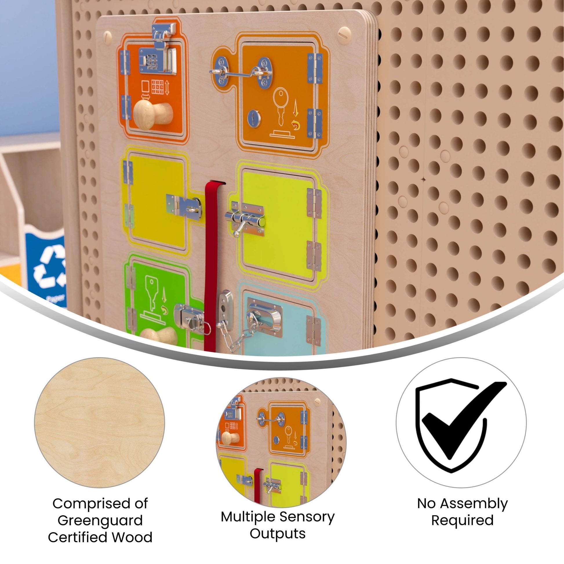 Bright Beginnings Commercial Grade STEAM Wall Activity Board with Natural Finish and Multicolor Accents, Locks and Buckles - SchoolOutlet