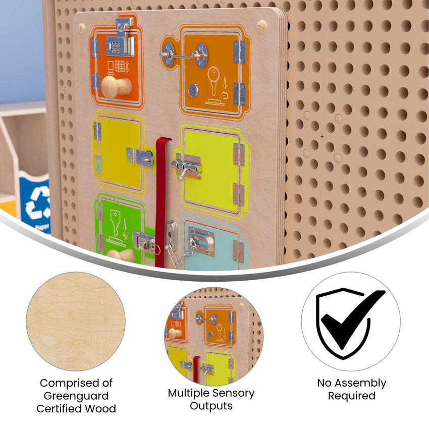 Bright Beginnings Commercial Grade STEAM Wall Activity Board with Natural Finish and Multicolor Accents, Locks and Buckles - SchoolOutlet
