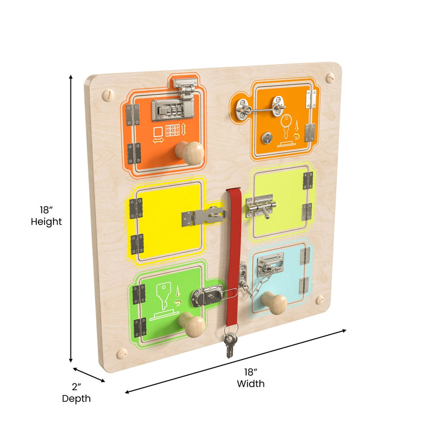 Bright Beginnings Commercial Grade STEAM Wall Activity Board with Natural Finish and Multicolor Accents, Locks and Buckles - SchoolOutlet