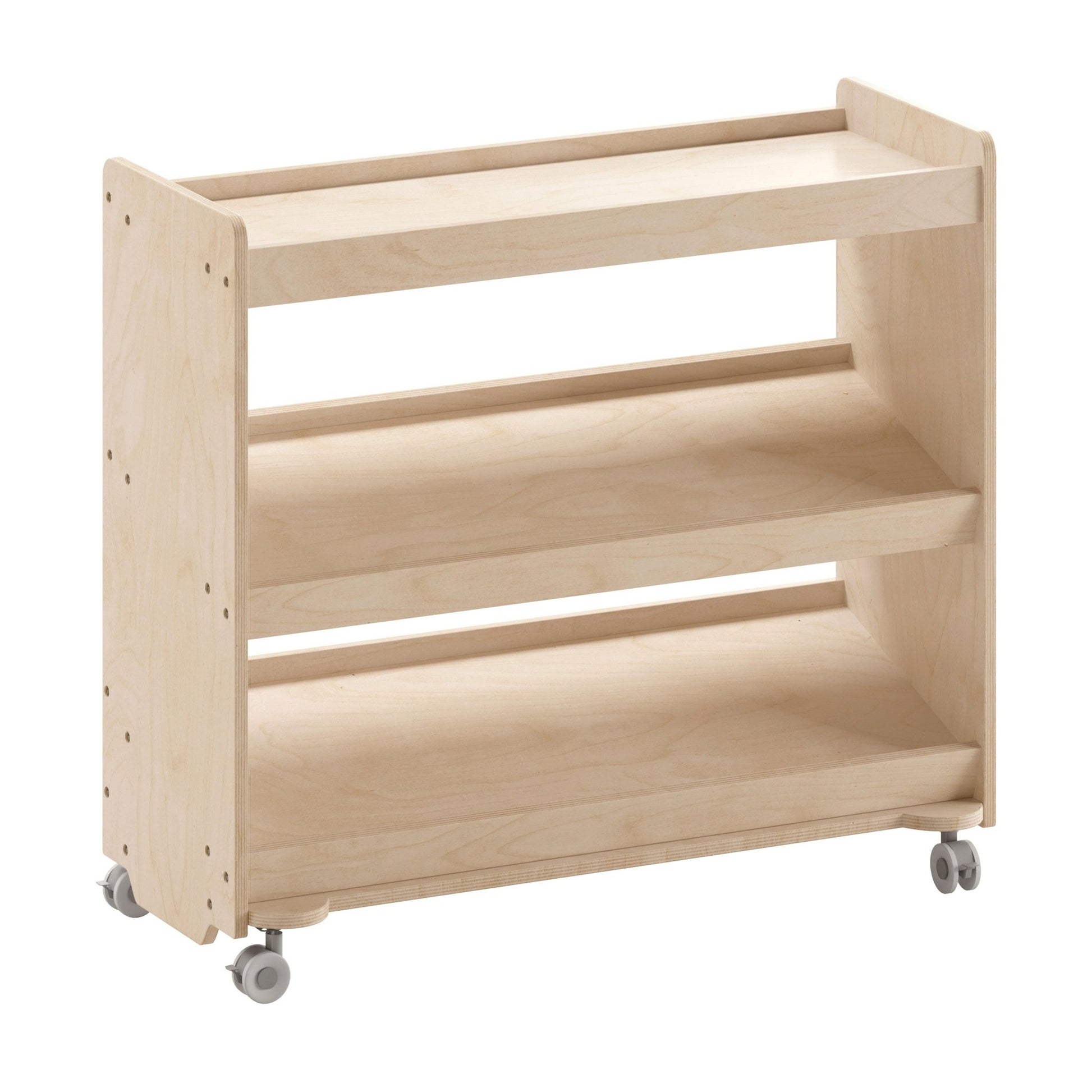 Bright Beginnings Commercial Space Saving Wooden Mobile Classroom Storage Cart, 3 Angled Shelves, Locking Caster Wheels, Kid Friendly Design, Natural - SchoolOutlet