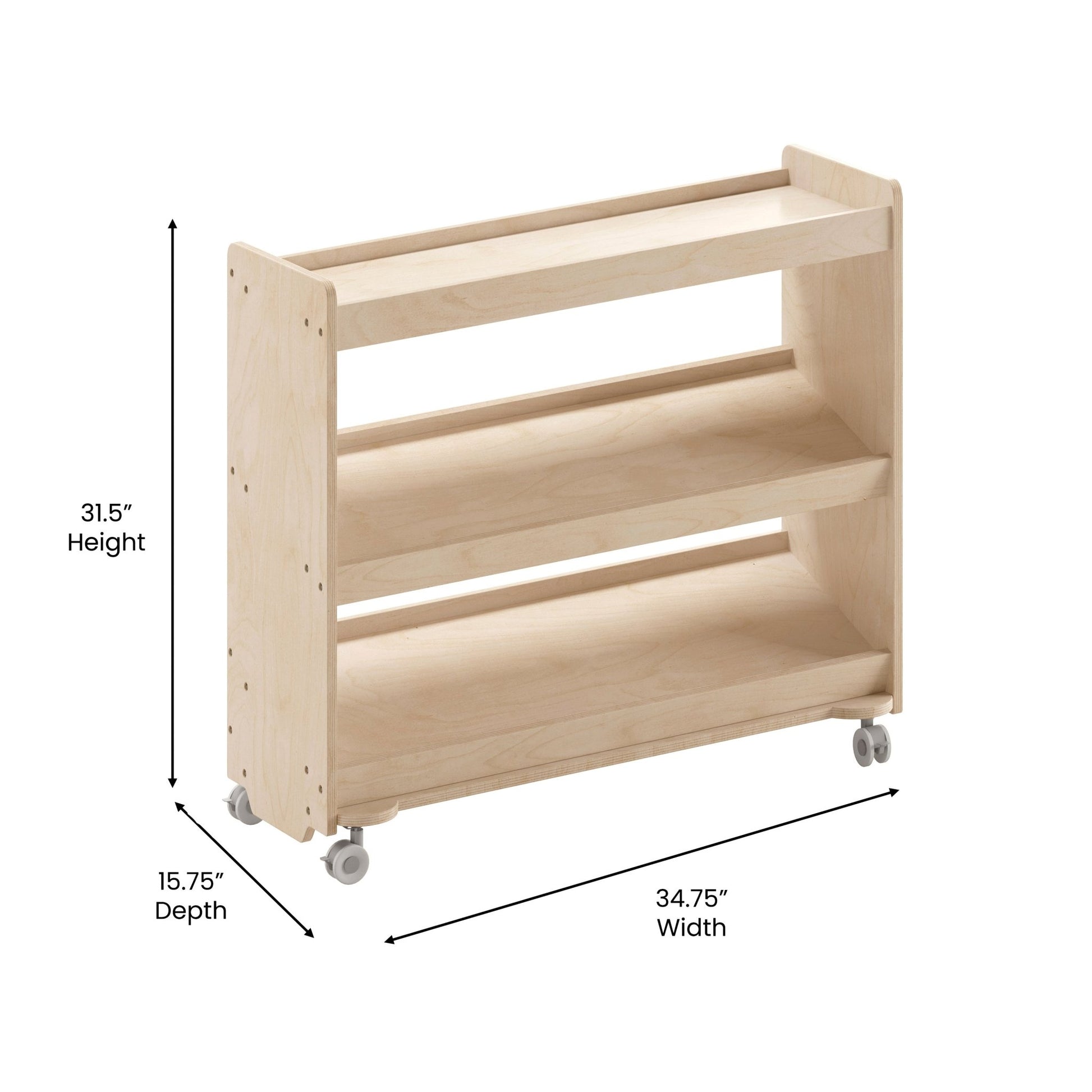 Bright Beginnings Commercial Space Saving Wooden Mobile Classroom Storage Cart, 3 Angled Shelves, Locking Caster Wheels, Kid Friendly Design, Natural - SchoolOutlet