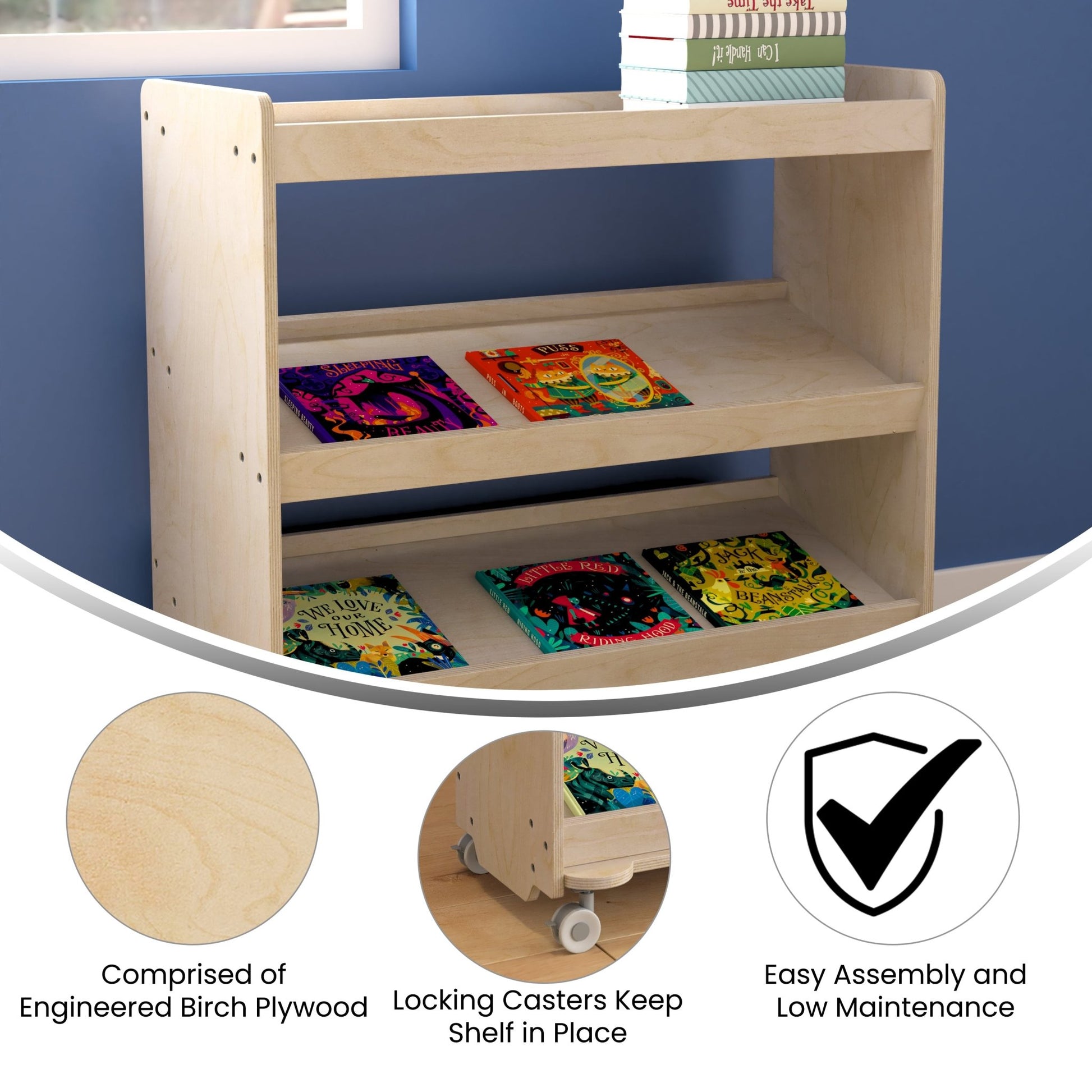 Bright Beginnings Commercial Space Saving Wooden Mobile Classroom Storage Cart, 3 Angled Shelves, Locking Caster Wheels, Kid Friendly Design, Natural - SchoolOutlet