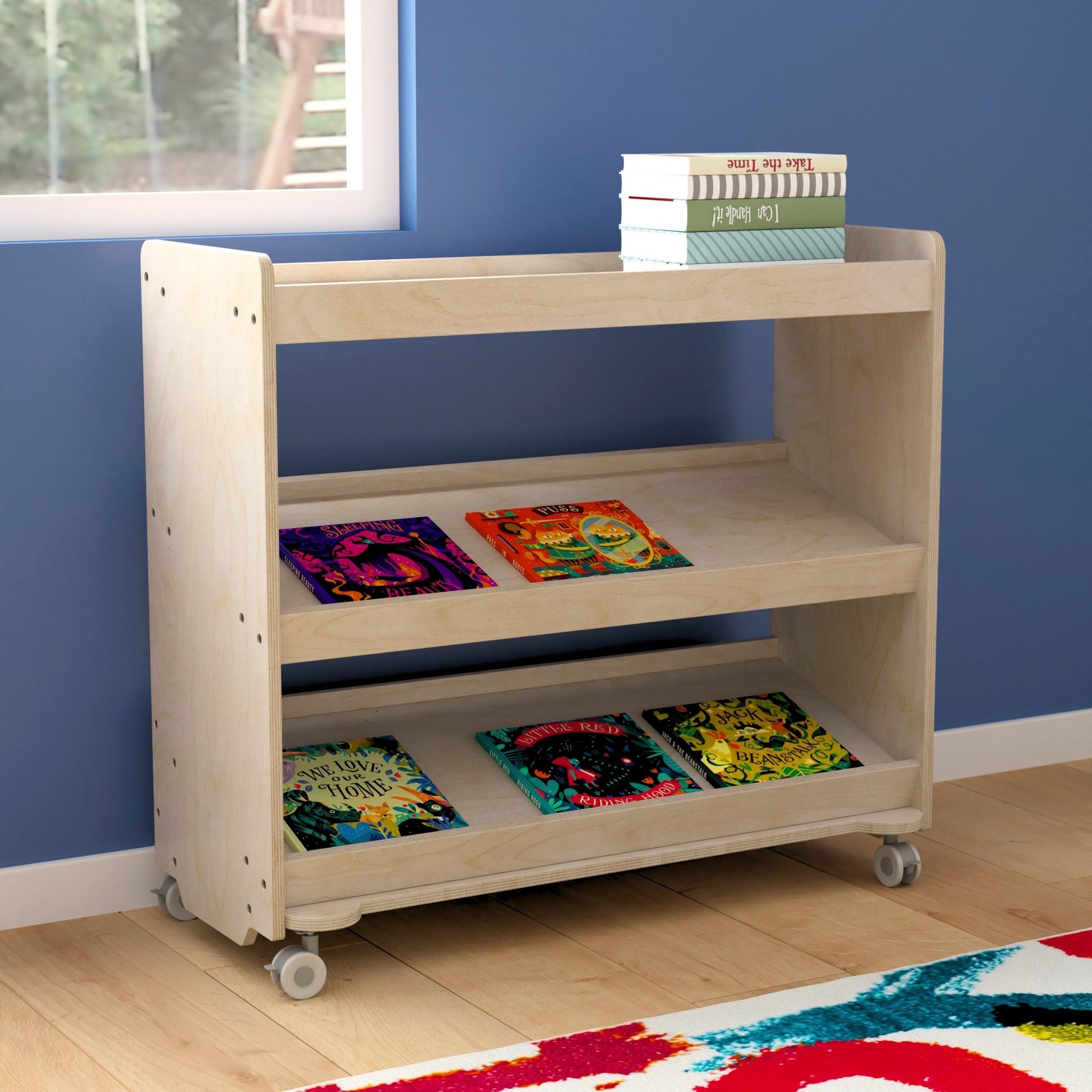 Bright Beginnings Commercial Space Saving Wooden Mobile Classroom Storage Cart, 3 Angled Shelves, Locking Caster Wheels, Kid Friendly Design, Natural - SchoolOutlet