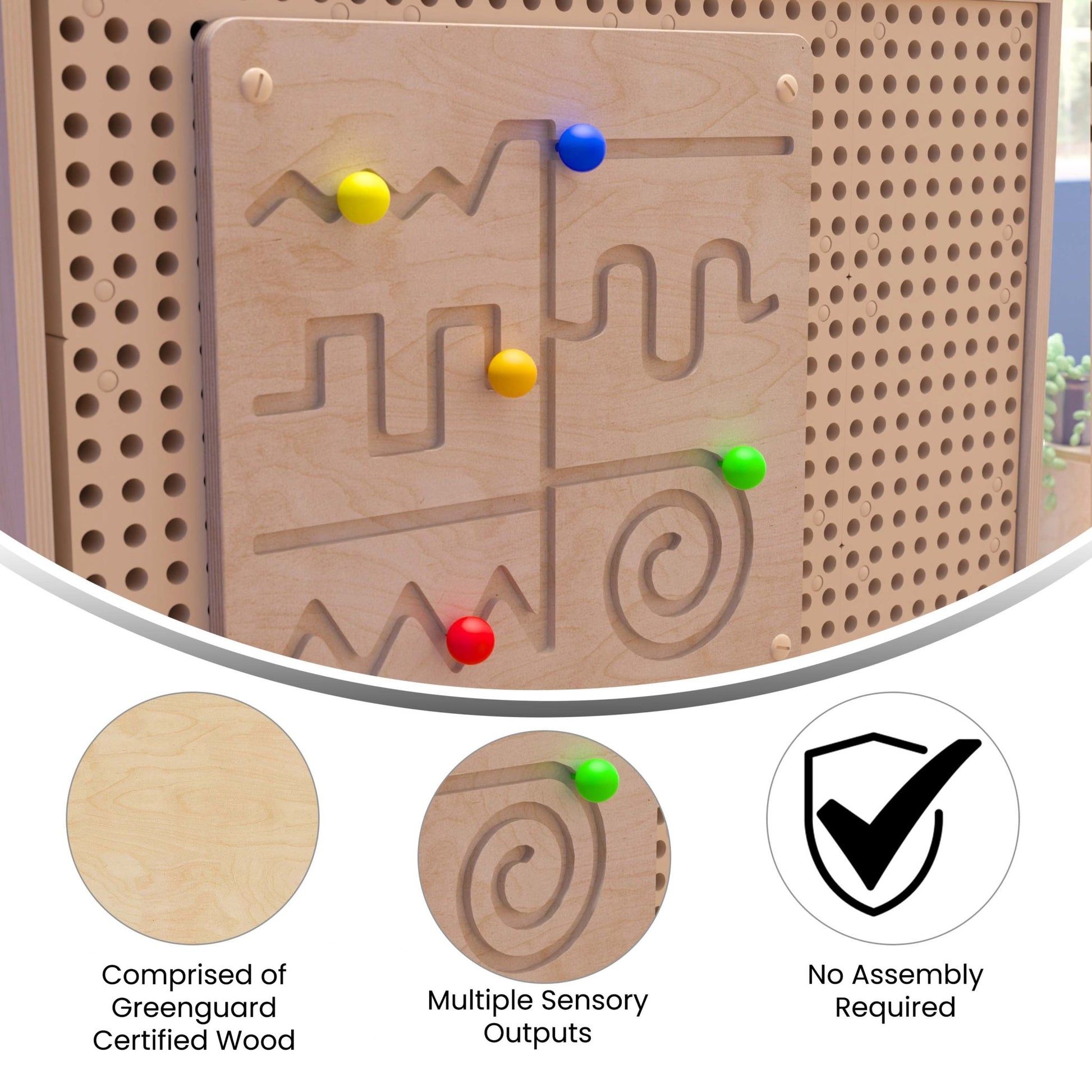 Bright Beginnings Commercial Grade STEAM Wall Activity Board with Natural Finish and Multicolor Accents, Maze Motor Skills - SchoolOutlet