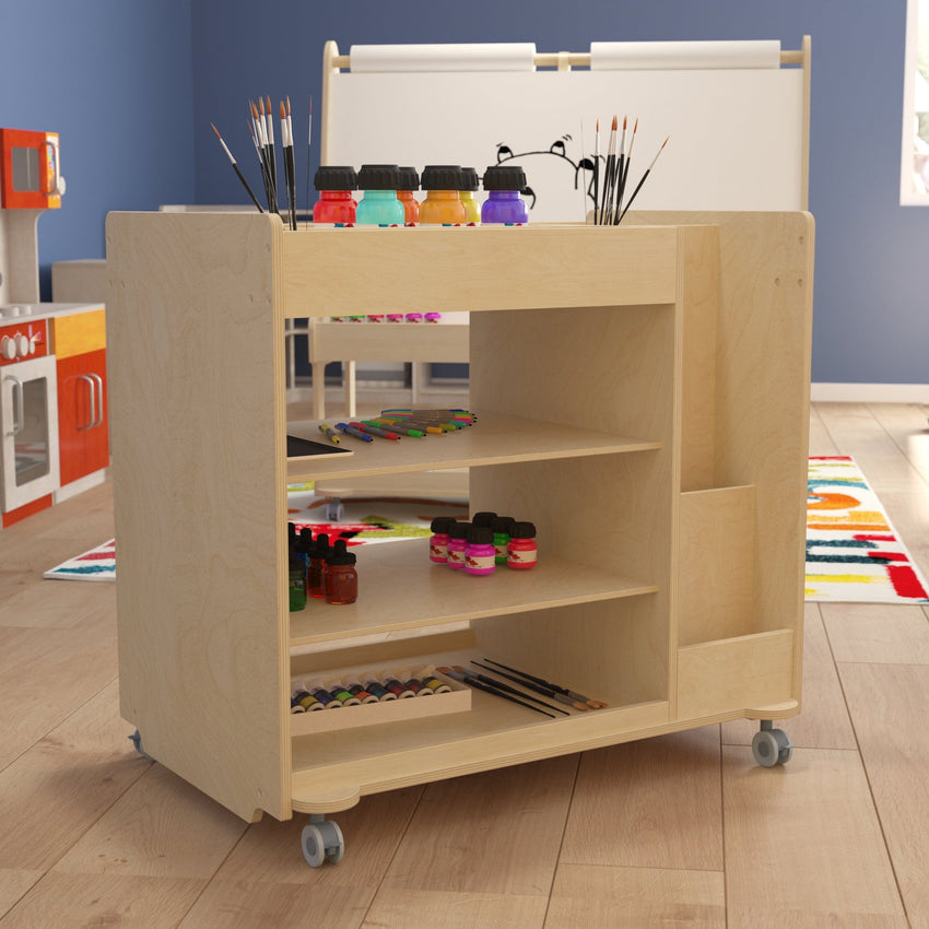 Bright Beginnings Commercial Wooden Mobile Storage Cart with Space Saving Vertical and Horizontal Storage Compartments, Locking Caster Wheels, Natural - SchoolOutlet