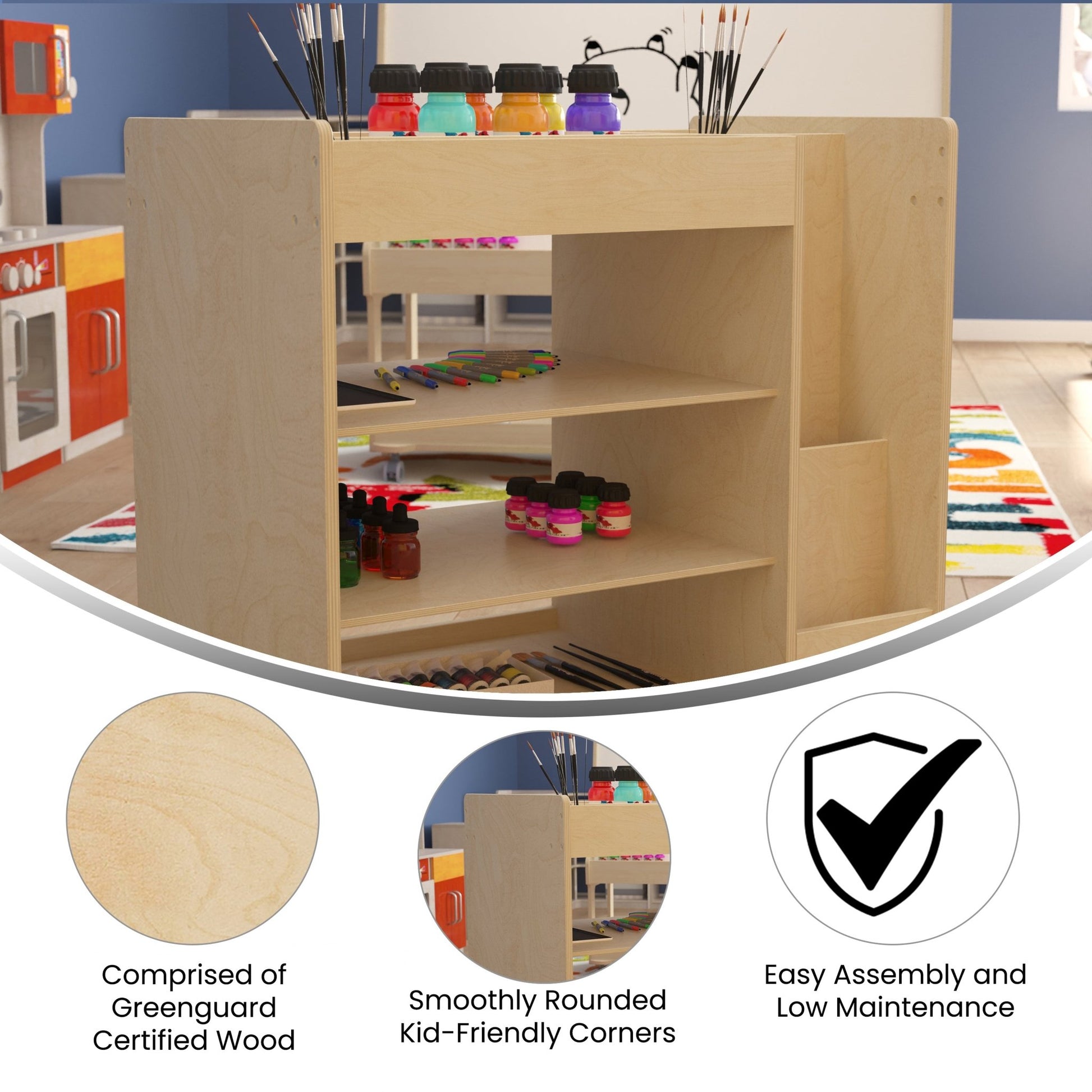 Bright Beginnings Commercial Wooden Mobile Storage Cart with Space Saving Vertical and Horizontal Storage Compartments, Locking Caster Wheels, Natural - SchoolOutlet