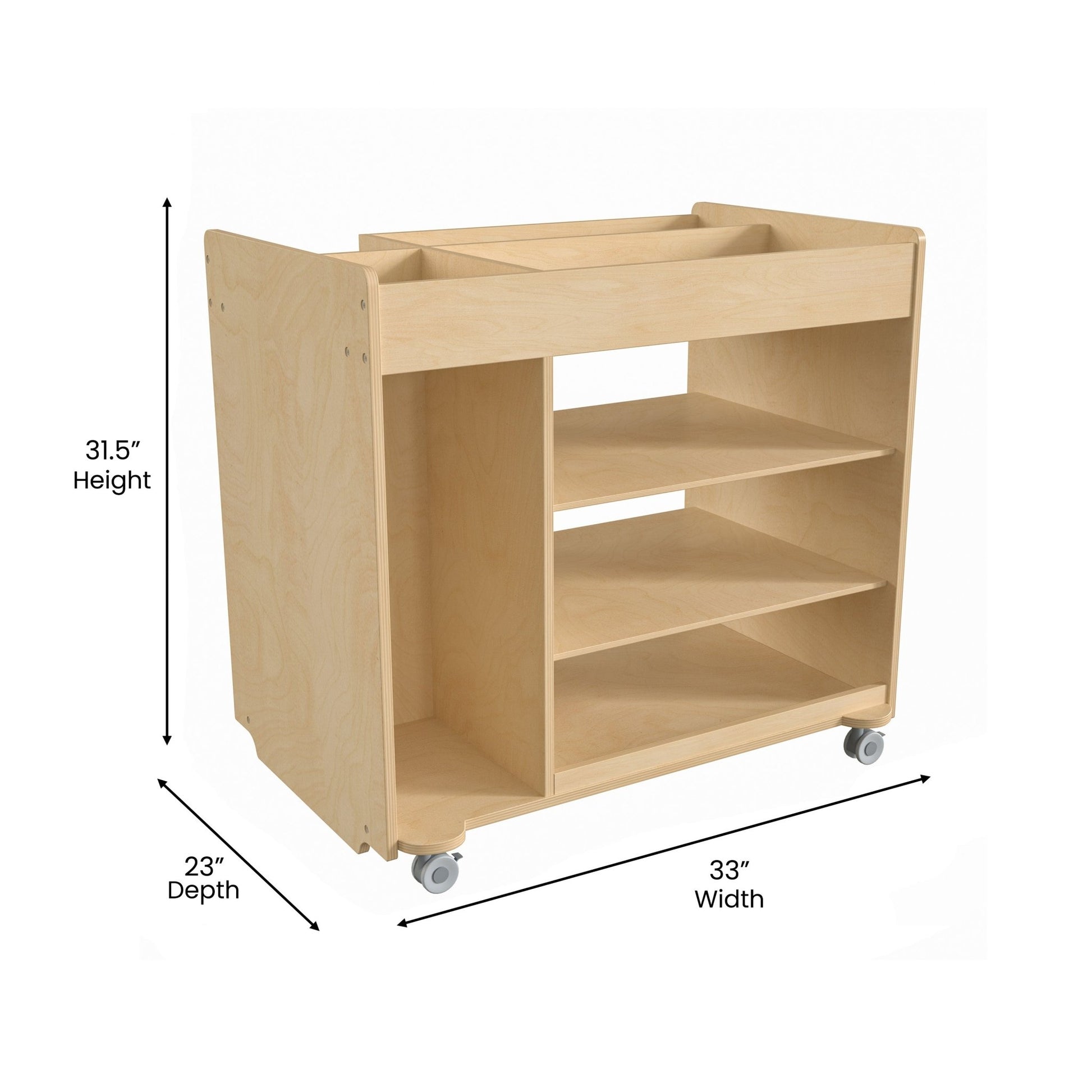 Bright Beginnings Commercial Wooden Mobile Storage Cart with Space Saving Vertical and Horizontal Storage Compartments, Locking Caster Wheels, Natural - SchoolOutlet