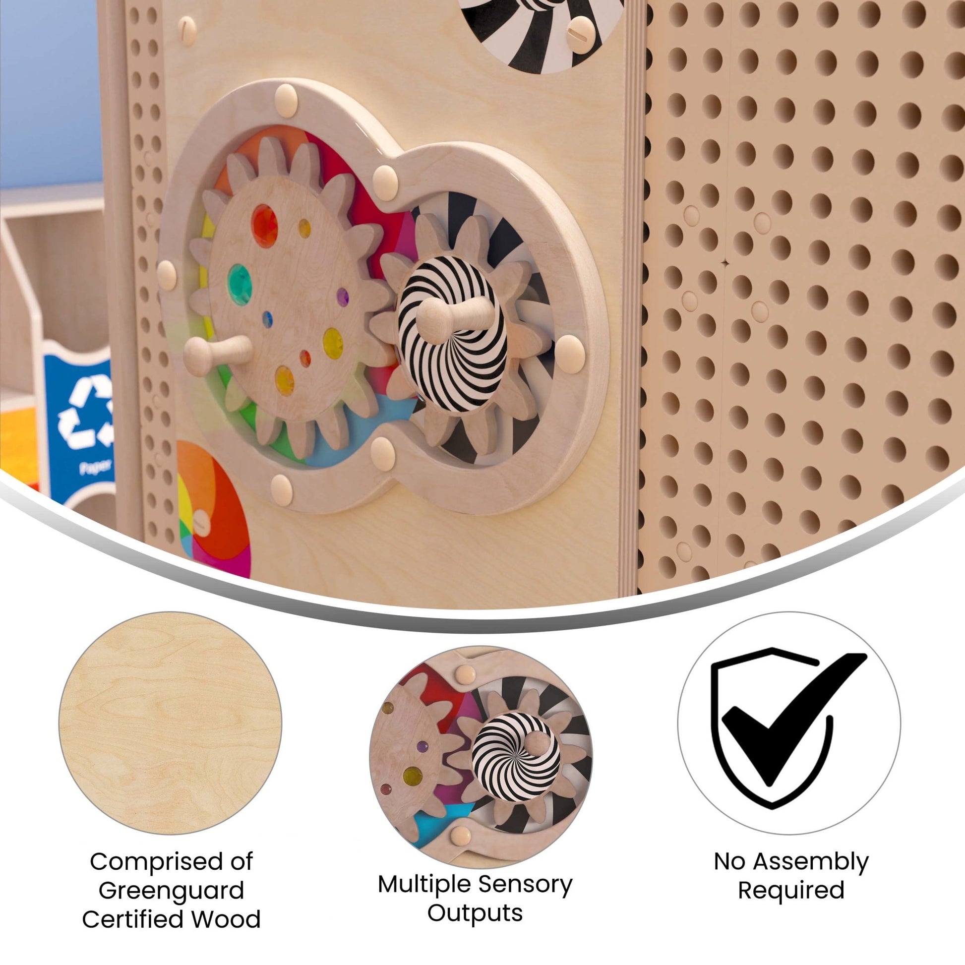 Bright Beginnings Commercial Grade STEAM Wall Activity Board with Natural Finish and Multicolor Accents, Turning Gears - SchoolOutlet