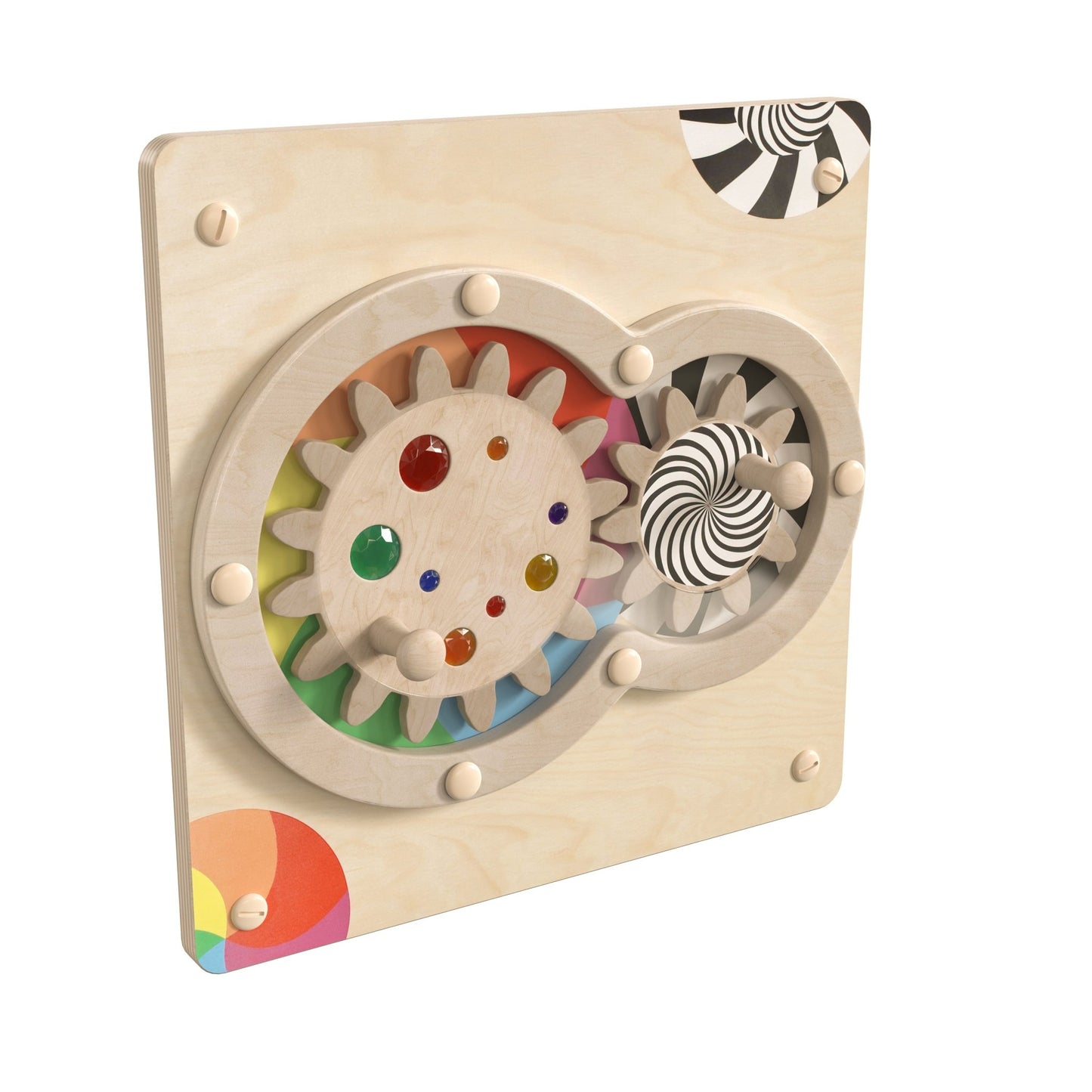 Bright Beginnings Commercial Grade STEAM Wall Activity Board with Natural Finish and Multicolor Accents, Turning Gears - SchoolOutlet