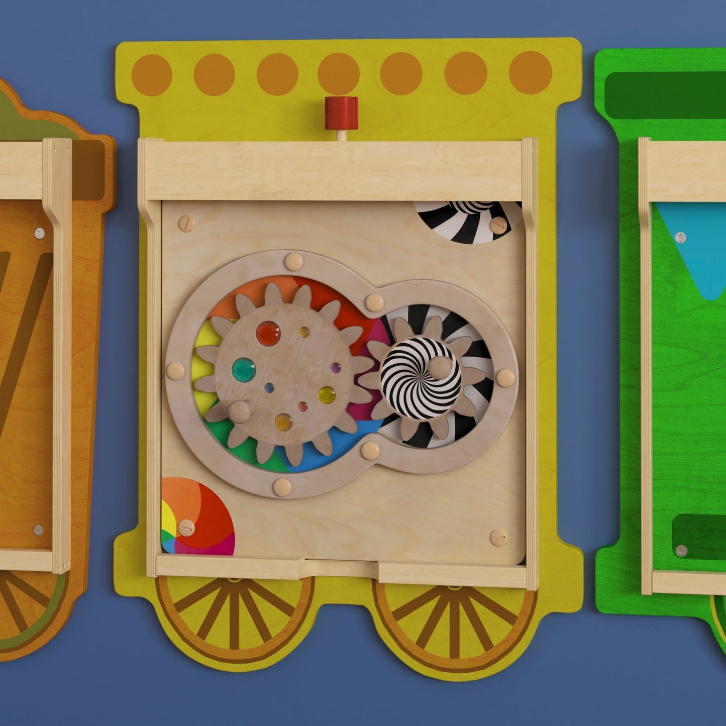 Bright Beginnings Commercial Grade STEAM Wall Activity Board with Natural Finish and Multicolor Accents, Turning Gears - SchoolOutlet