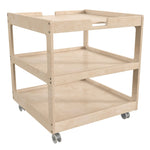 Bright Beginnings Commercial 3 Shelf Square Space Saving Wooden Mobile Classroom Storage Cart, Locking Caster Wheels, Kid Friendly Design, Natural - SchoolOutlet