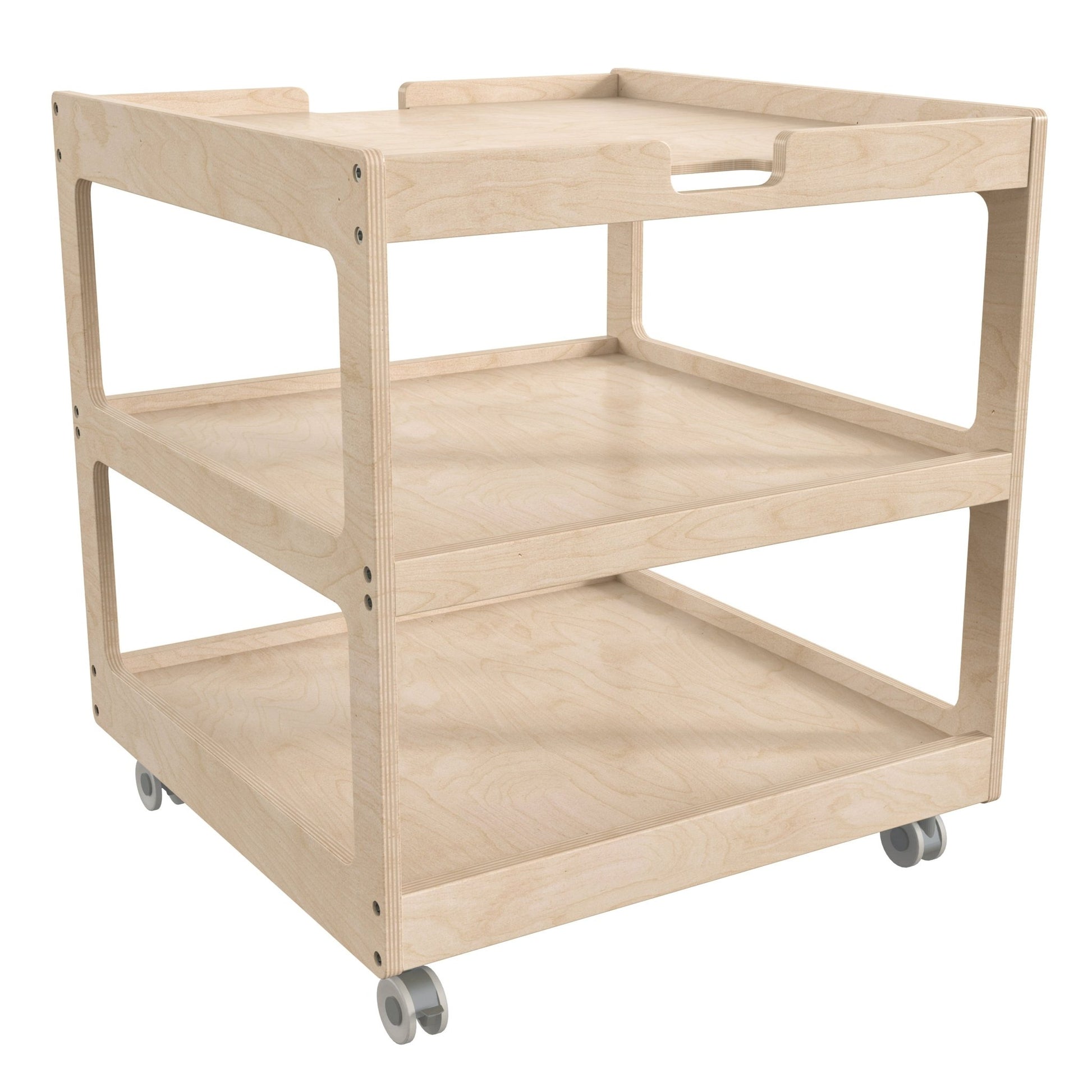 Bright Beginnings Commercial 3 Shelf Square Space Saving Wooden Mobile Classroom Storage Cart, Locking Caster Wheels, Kid Friendly Design, Natural - SchoolOutlet