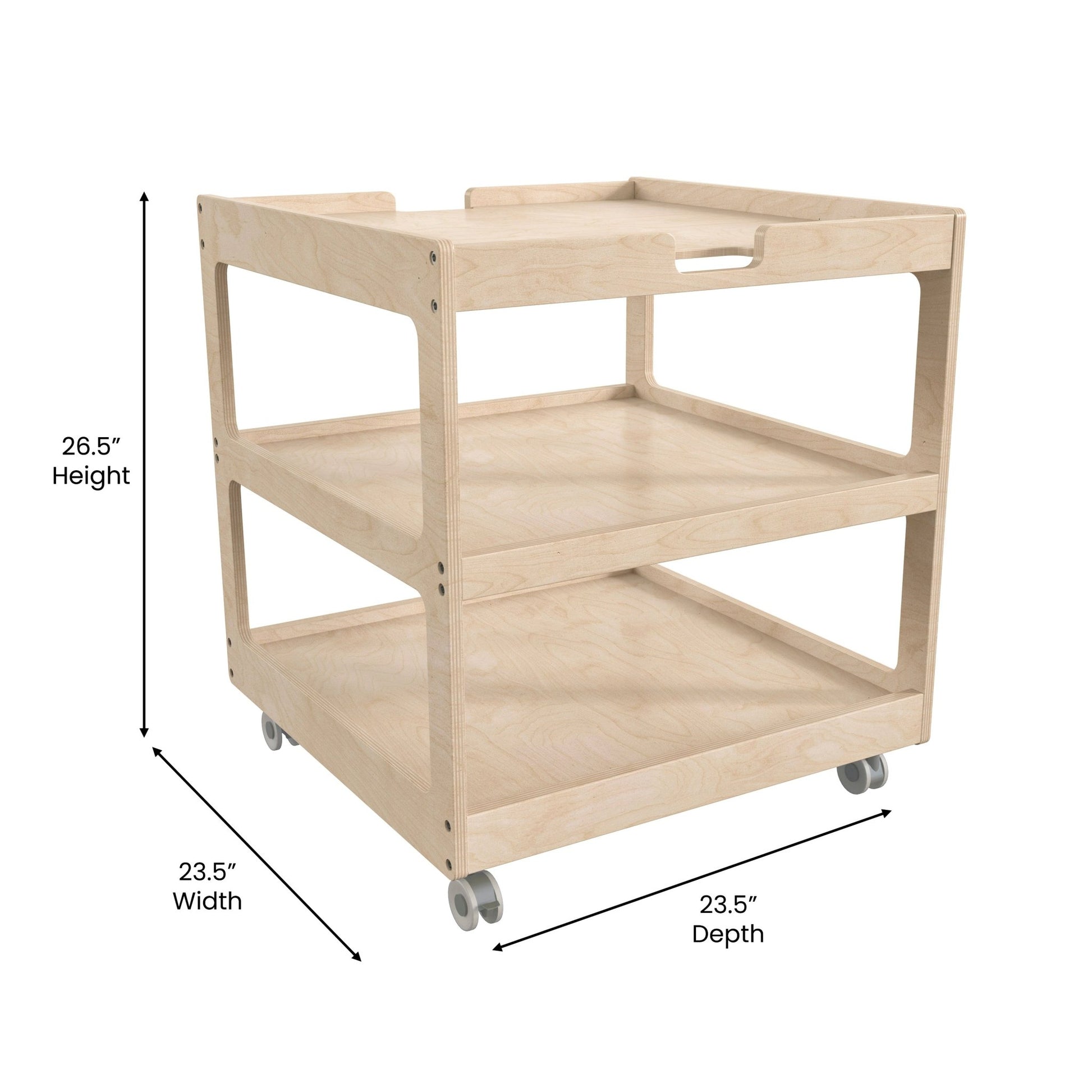 Bright Beginnings Commercial 3 Shelf Square Space Saving Wooden Mobile Classroom Storage Cart, Locking Caster Wheels, Kid Friendly Design, Natural - SchoolOutlet
