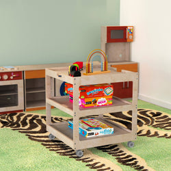 Bright Beginnings Commercial 3 Shelf Square Space Saving Wooden Mobile Classroom Storage Cart, Locking Caster Wheels, Kid Friendly Design, Natural